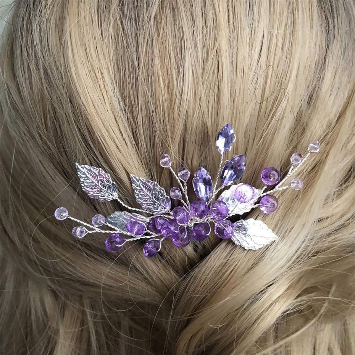 Laroal Elegant Bridal Leaf Crystal Rhinestone Hair Comb Headband - Purple and Silver Wedding Tiara for Women Girls Bridesmaids (14 * 7.5Cm) image number 4