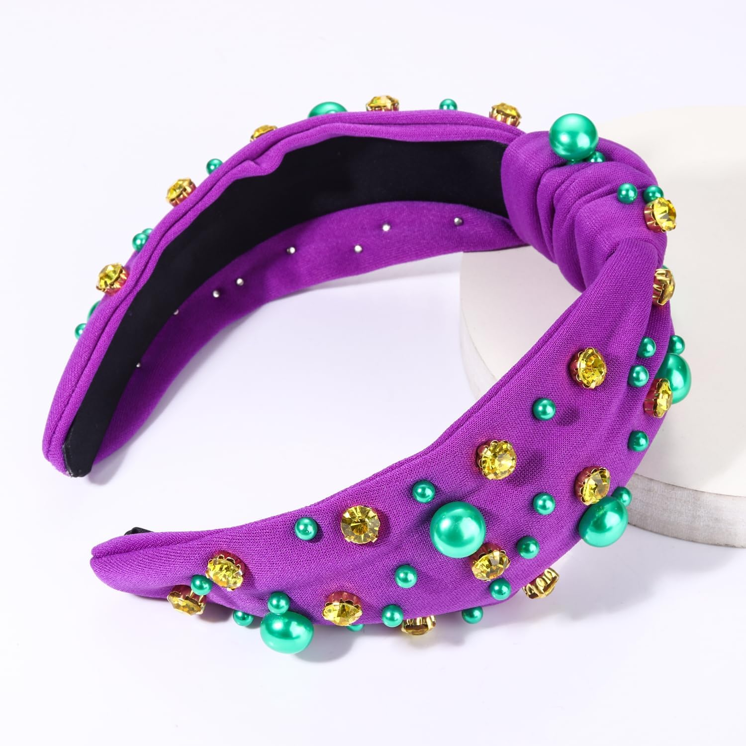 GLBCC Mardi Gras Hairband for Women Purple Pearl Rhinestone Knotted Headband Carnival Parade Party Hair Accessories image number 1
