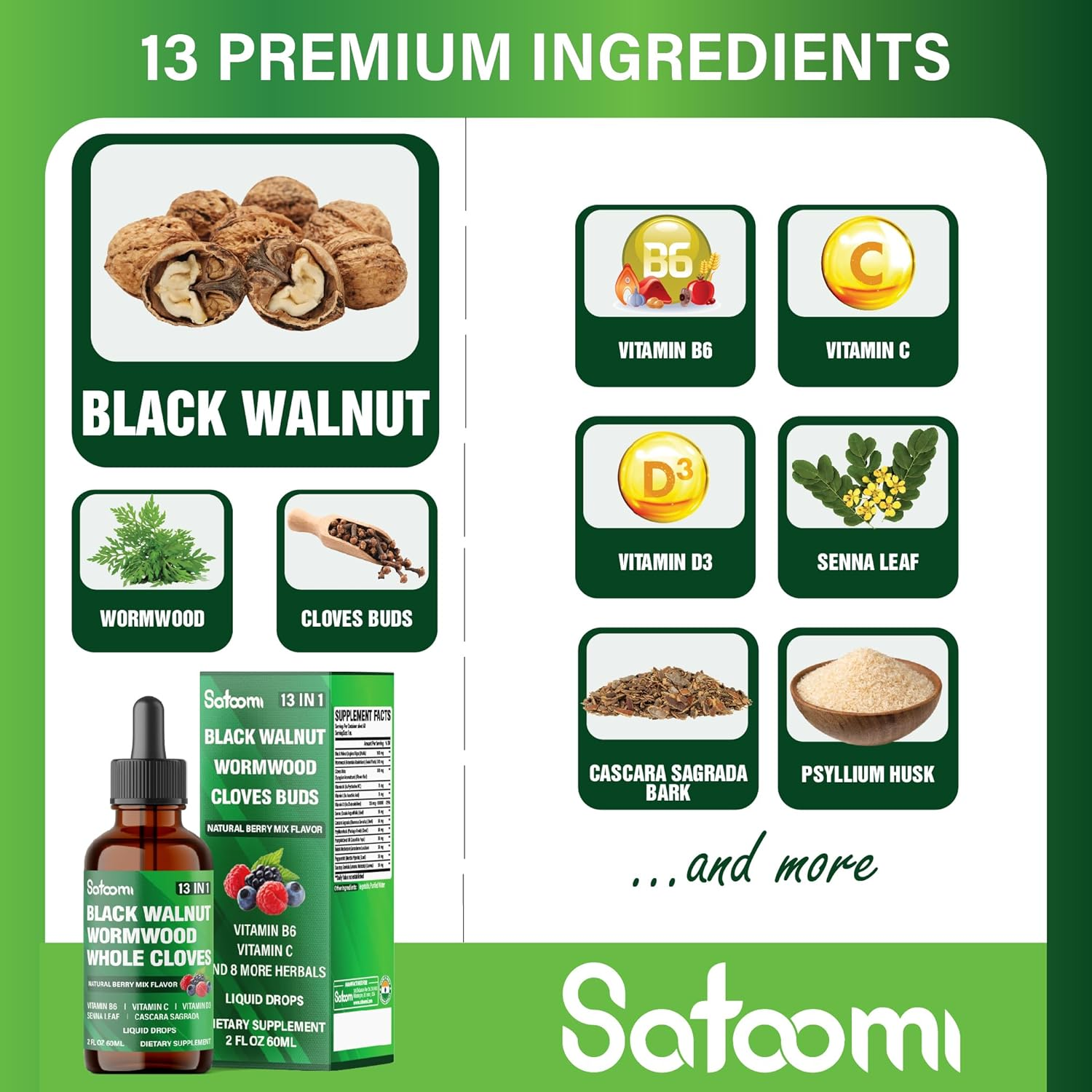 SATOOMI 13In1 Black Walnut Liquid Drops with Wormwood, Cloves, Vitamin B6, Vitamin C, Vitamin D, Senna, Cascara Sagrada and 5 More - 2 Fl Oz for 60 Days - Berry Mix Flavor image number 2