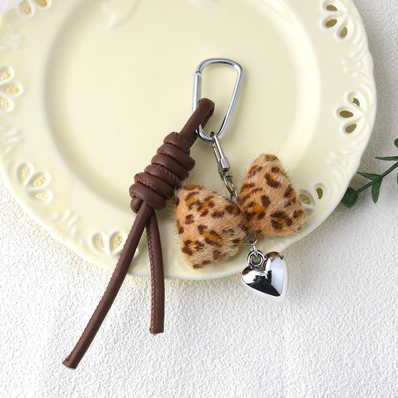 Leopard Bow Keychain Accessories Y2K Heart Bag Charms for Handbags Tote Bag Fluffy Bow Charms for Purse Leopard Print Fuzzy Charms for Girls Women Vintage Y2K Silver Heart Keychains for Car Keys