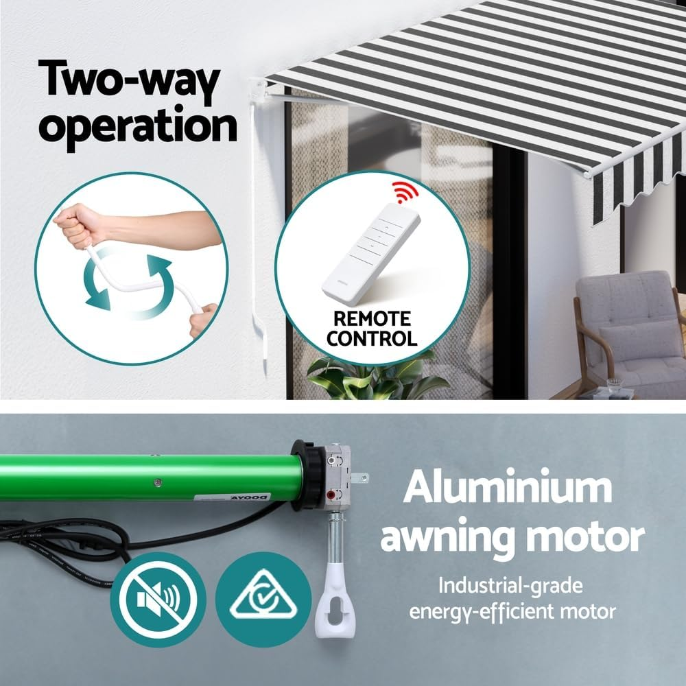 Instahut Retractable Folding Arm Awning Motorised Sunshade 4Mx3M Grey White