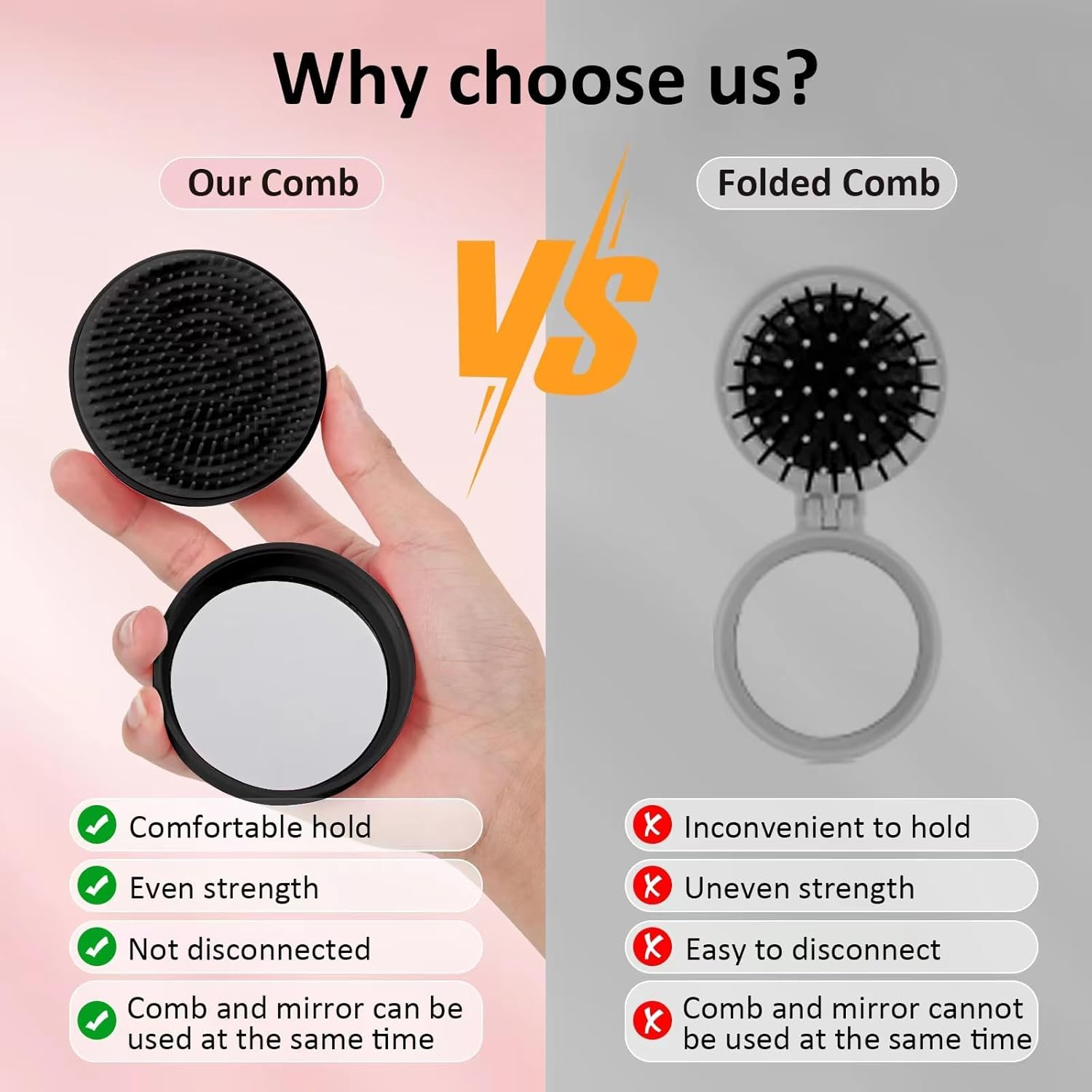 Travel Hair Brush and Mirror Portable Pocket Frizz Ease Detangling Hairbrush Small Tangle Teaser Massage Comb Set round Curly Wavy Hair Brush Fine Thick Hair Brush for Men Women Kids Girls (Black) image number 4