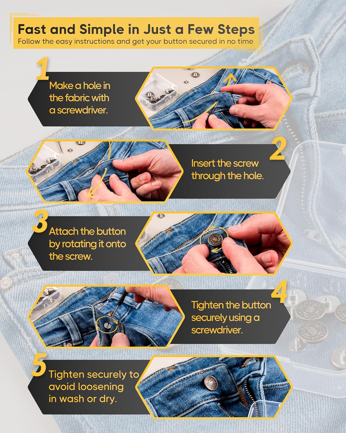 ZEFFFKA Jeans Buttons 17Mm 5/8 Inch 12 Metal Replacement Buttons Mini Screwdriver for Easy Installation Strong Durable No Sew Snap Fasteners for Denim Jackets Bags Pants image number 4