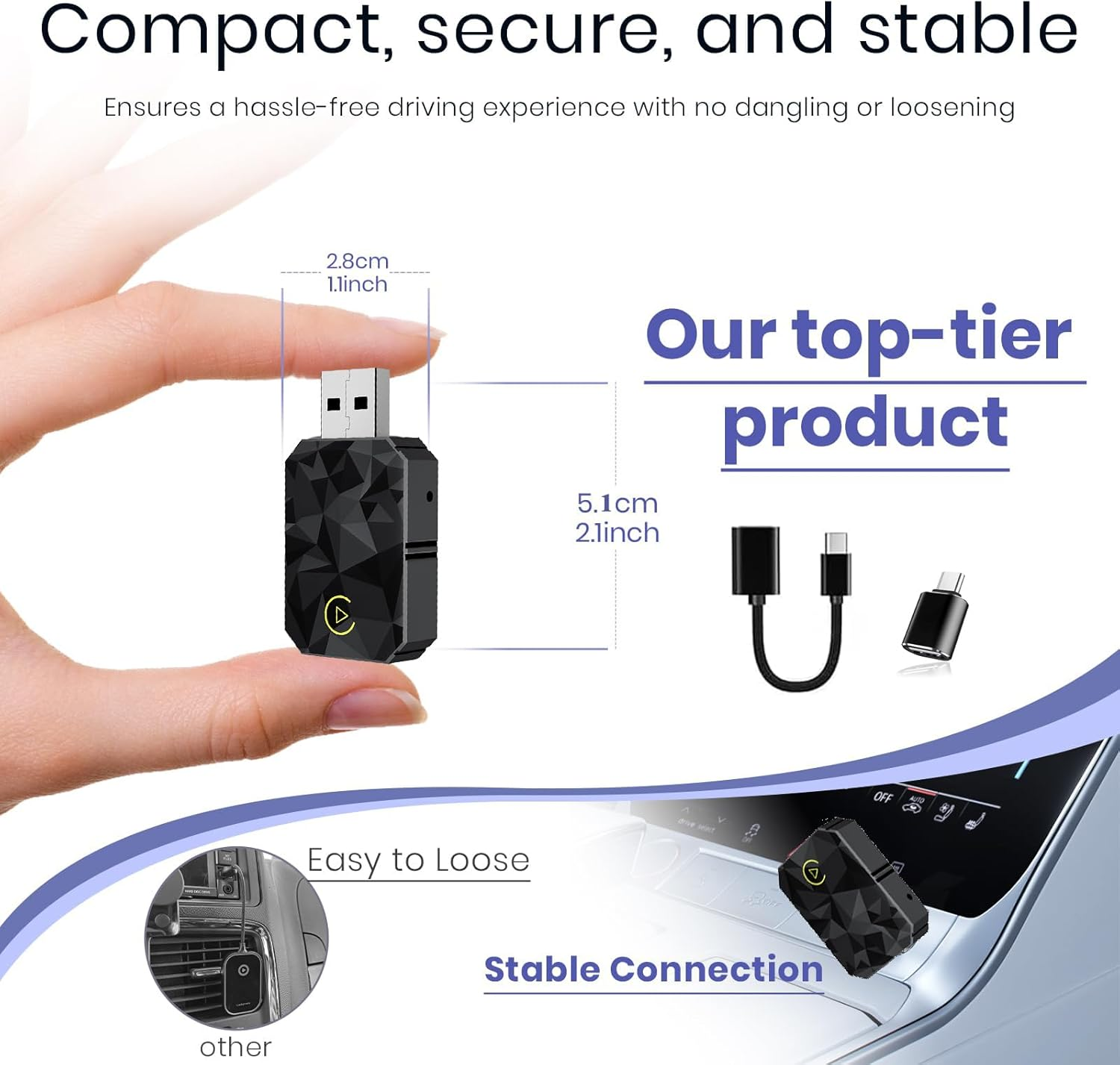 Vervex Upgraded Wireless Carplay Adapter 2025, Convert Wired to Wireless for Carplay＆Android Auto, Car Play Adapter for Lphone Mini Small Size, Usb/Type-C Plug and Play with Los Android 10+ image number 2