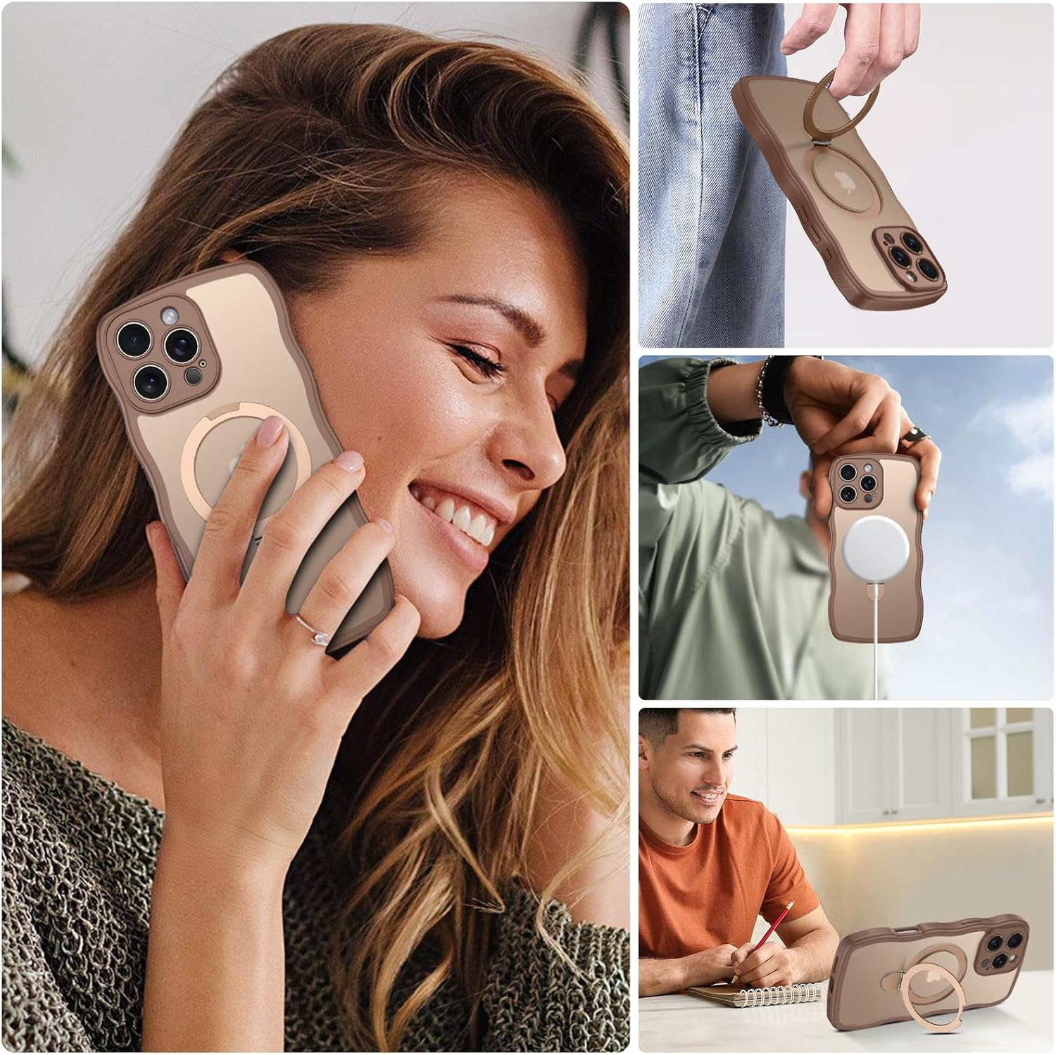 Gaobao Magnetic for Iphone 16 Pro Case, [Compatible with Mag Safe], Cute Curly Wave Frame Matte Back Protective Phone Case Cover with Invisible Kickstand for Iphone 16 Pro 6.3'', Desert Titanium Gold image number 4