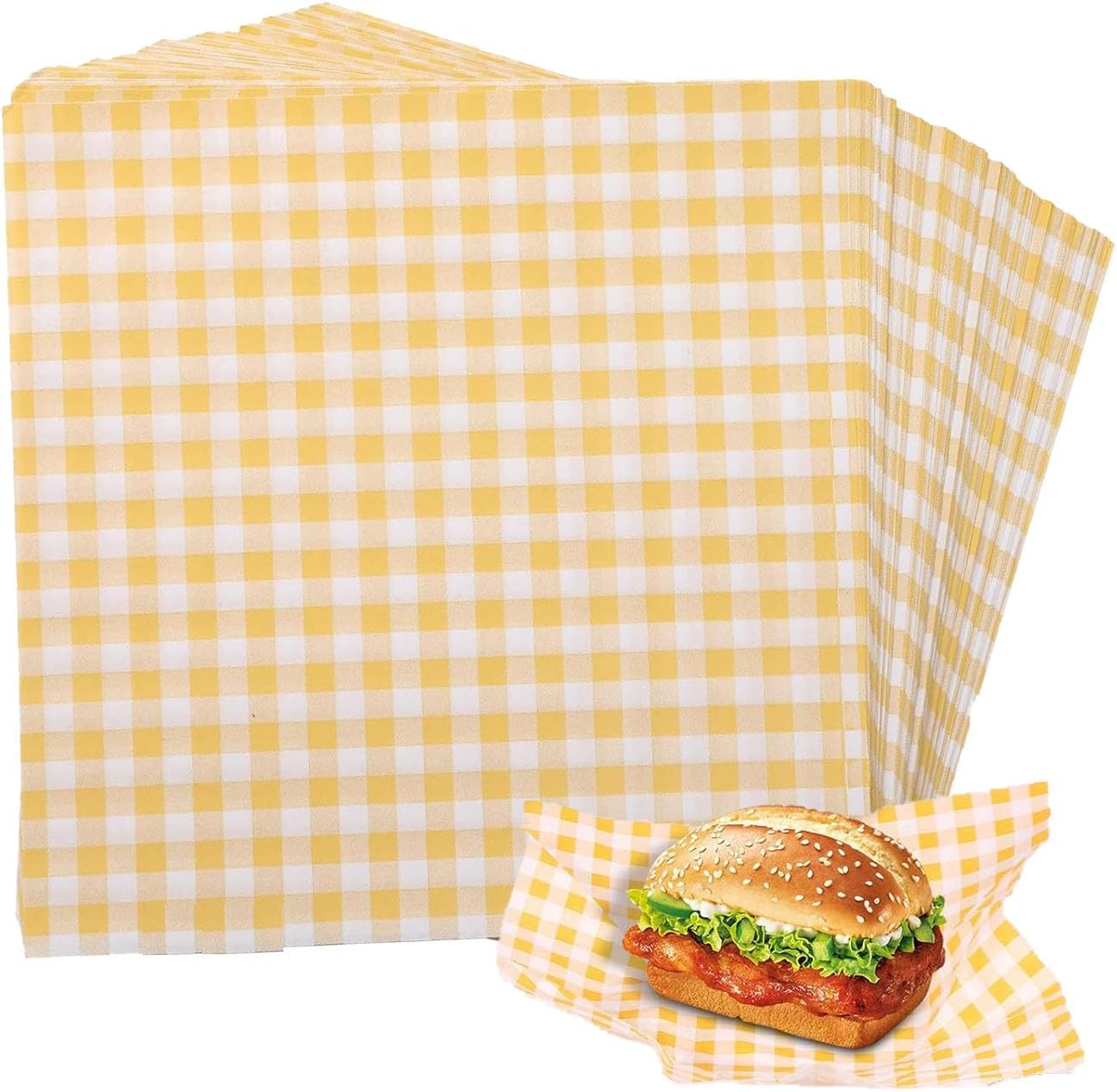 100 Pcs Deli Paper Sheets,Checkered Food Grade 18X18Cm Greaseproof Paper Sheets,Dry Waxed Baking Deli Paper,Square Food Basket Liners for Sweets Cakes Sandwich Hamburger Bread (Yellow) image number 3