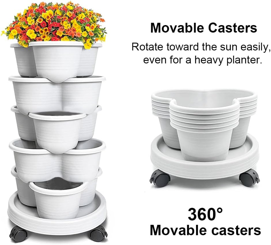 5 Tier Vertical Garden Strawberry Stackable Planters Herbs Petunias Pancy, Vegetable Planter Indoor Outdoor Gardening Pots with Removable Wheels and Tools (White) image number 3