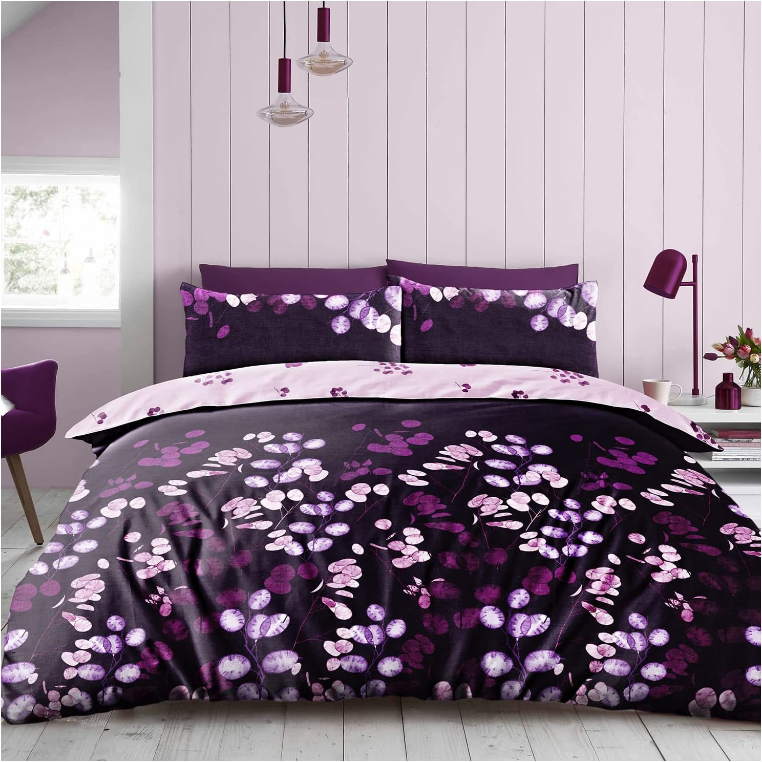 Botanical Fitted Sheet Single Duvet Cover with Pillowcase, 3Pcs Breathable Complete Bedding Set, Purple