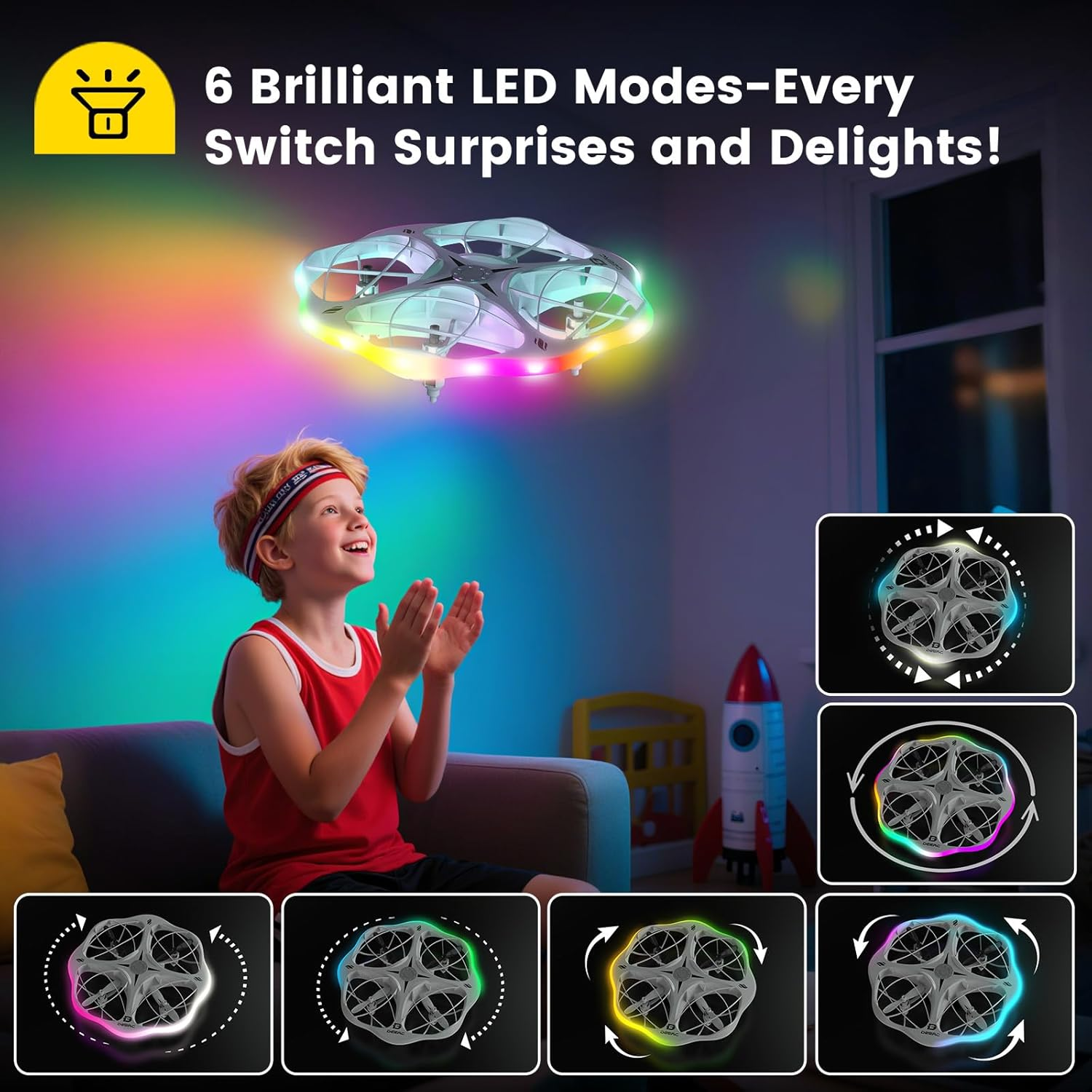 DEERC D13 Mini Drone for Kids with Obstacle Avoidance, 6 Lighting LED Modes, Easy Small UFO Toys with 3 Batteries Longer Flight Time, Throw to Go, 3D Flips, Birthday Gift,For 6-12 Year Old Boys Girls image number 5