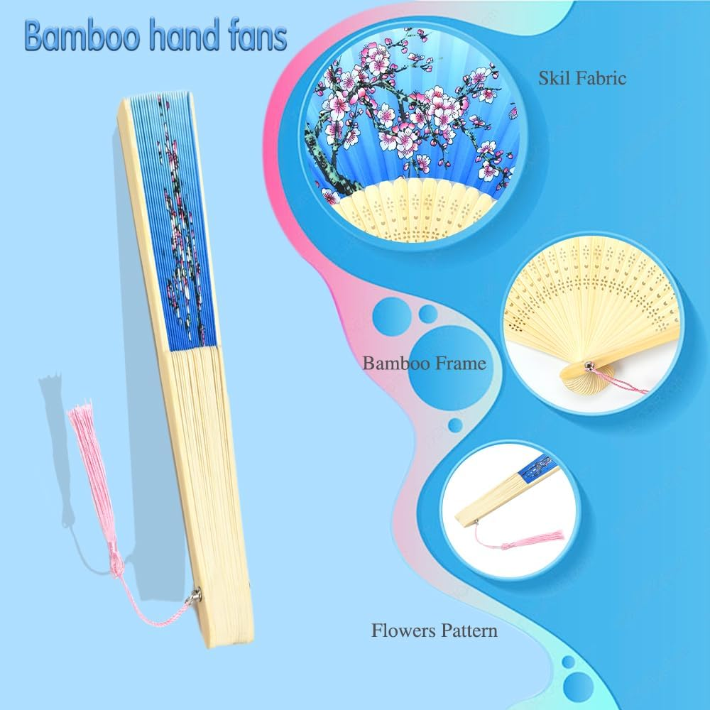 HUNANBANG 4 Pieces Oriental Bamboo Folding Hand Fans Adults Only Church Wedding Gift, Party Favors, DIY Decoration Gift Size 8 1/4" Wholesale 10Pack (Bamboo Assorted 4Pack)