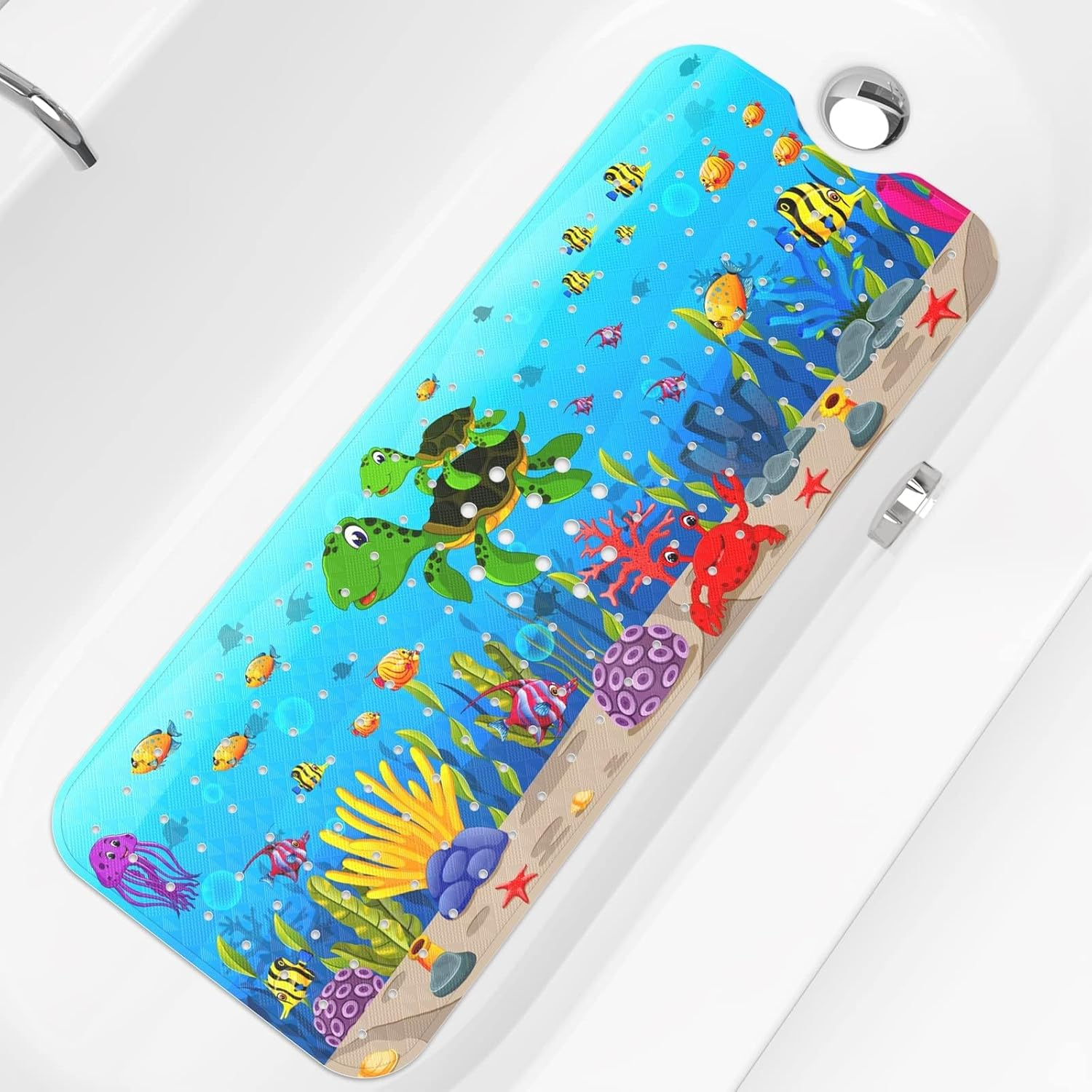 XIYUNTE Baby Bath Mat Non Slip anti Mould, 100X40Cm Extra Long Bathtub Mat anti Slip Shower Mat with Suction Cups and Drain Holes, Cartoon Patterned for Kids, Machine Washable, Sea Turtle image number 2