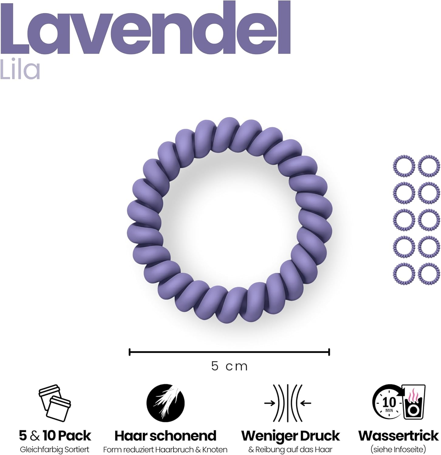Specora Spiral Hair Scrunchies Lavender Pack of 10-5 Cm - TPU - Telephone Cable Scrunchie - No Pulling & Tangling - Elastic, No Imprint, Gentle on Hair image number 6