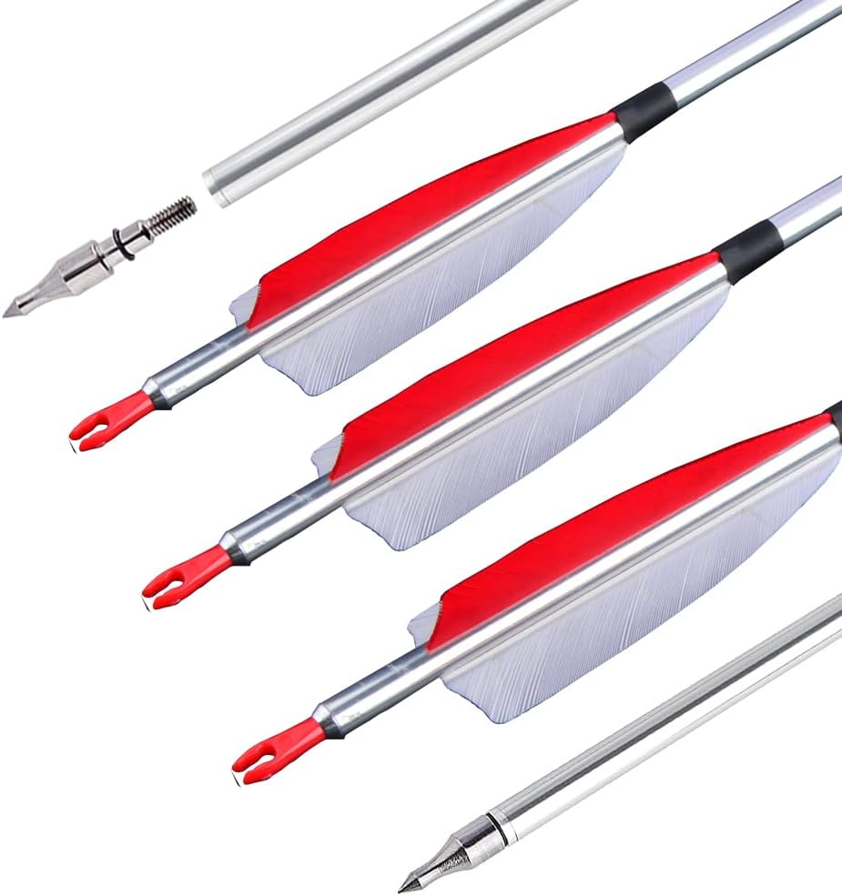 ZSHJGJR 31" Archery Aluminum Arrows 500 Spine Hunting Arrows with Removable Tips Natural Feather Fletchings Targeting Arrows for Compound & Recurve Bow 6/12 Pack
