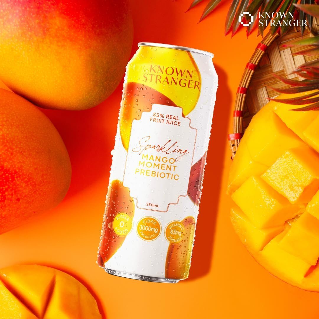 Known Stranger Prebiotic Sparkling Juice | Mixed Pack | 24 X 250Ml Can. 6 Flavours X 4 Cans Each, Guava Squeeze, Passionfruit Bliss, Mango Moment, Watermelon Rush, Custard Apple Fizz, Citrus & Honey