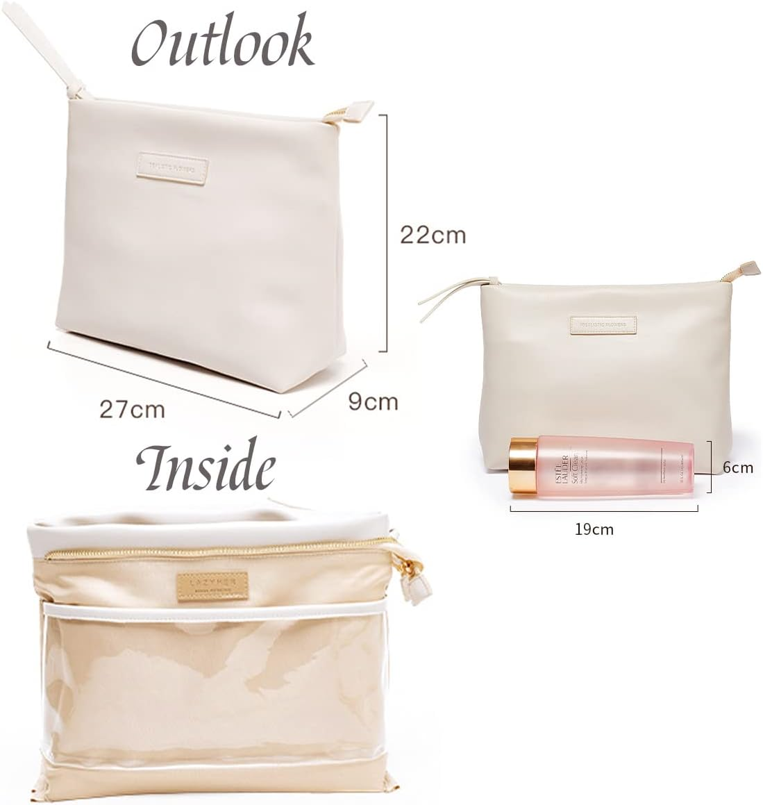 DDPOND Creamy Puffer Large Capacity Travel Cosmetic Bag for Women Skincare Care with Compartments White Makeup Bag (Black) - Black image number 3