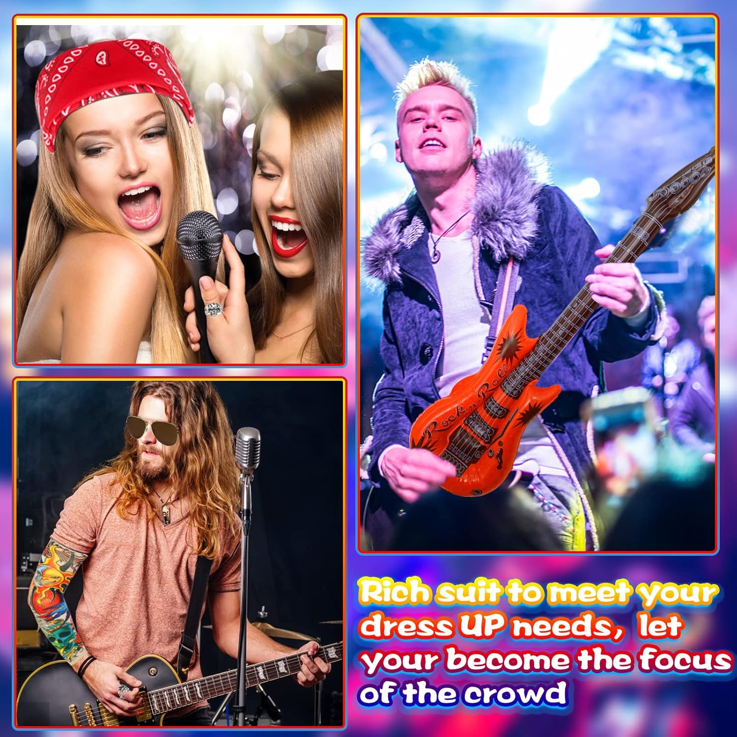 11Pcs Punk Gothic Rocker Costume Set, Rock Heavy Metal Accessories with Retro Sunglasses Gloves Bandana Fake Tattoo Sleeves Bracelet Rings Inflatable Guitar for Women Men Halloween 80S Disco Party image number 5