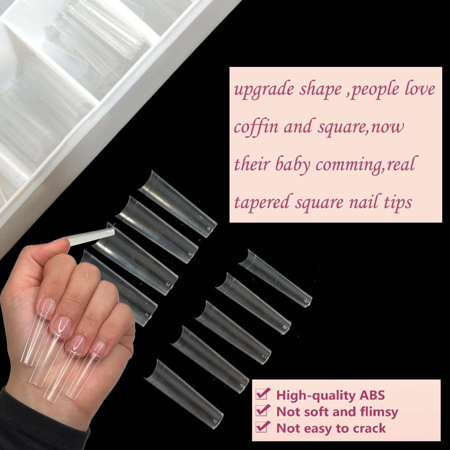HWHUNO XL Tapered Square Nail Tips No C Curve,500Pcs Clear Medium Half Cover Long Coffin Acrylic Nails Tips Preshaped for Professional Manicure Salon and Home DIY image number 2