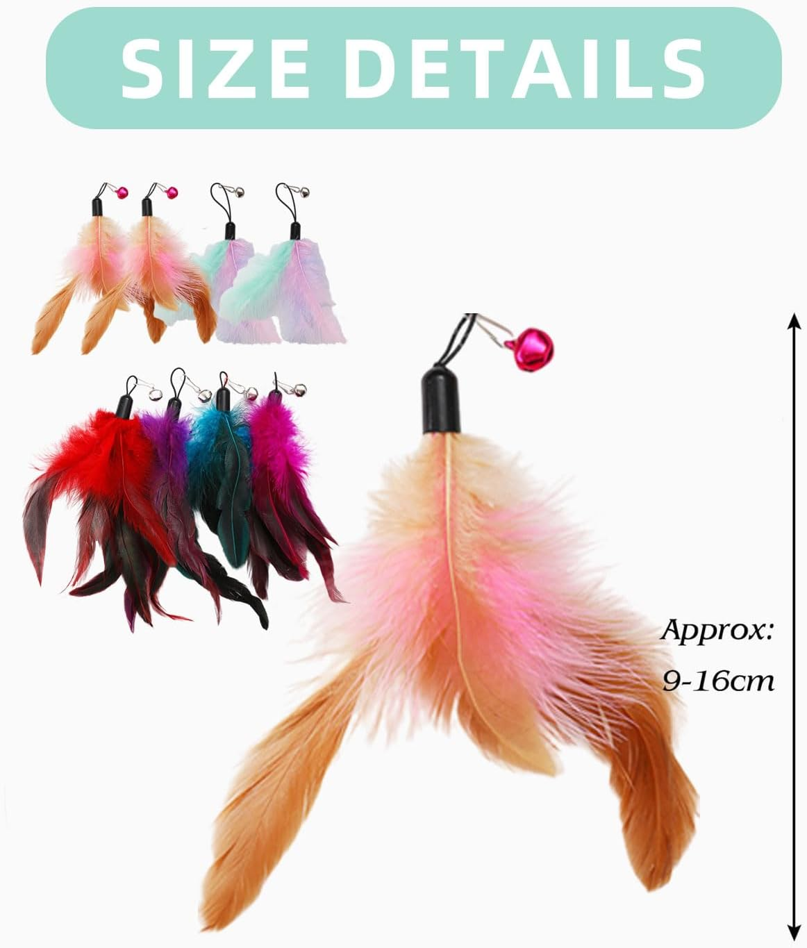 AORHOFJ Pack of 8 Replacement Heads for Cat Teaser Toys, Replacement Heads for Cat Teaser Sticks, Interactive Cat Toy Feathers, Cat Hair Toy, Replacement Feathers with Bells image number 2