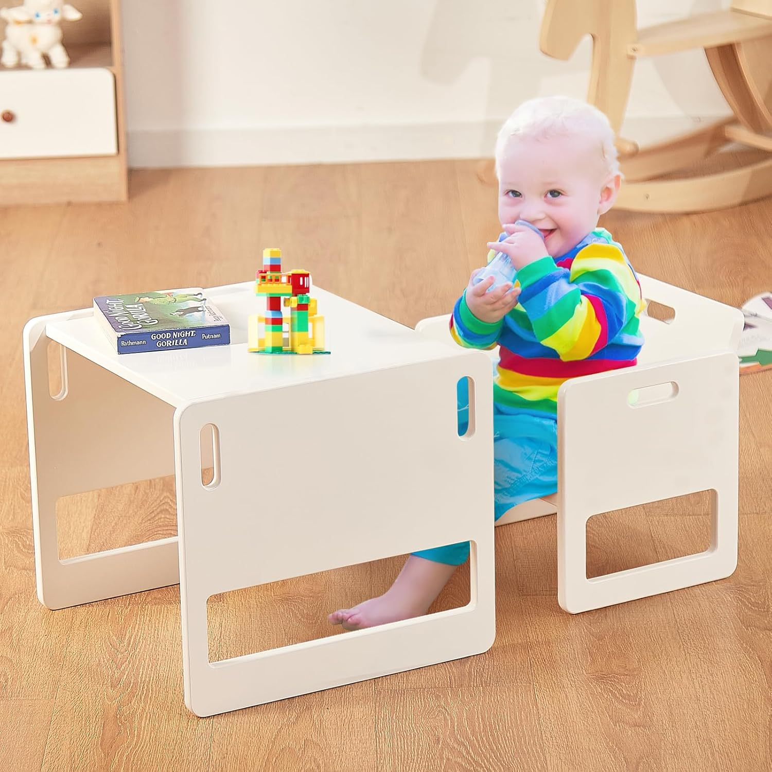 FUNLIO Montessori Weaning Table and Chair Set for Toddlers Age 1-3, Height Adjustable Toddler Table and Chair Set, Kids Table Chair for Reading/Eating/Playing, Easy to Assemble, CPC Certified - White image number 3