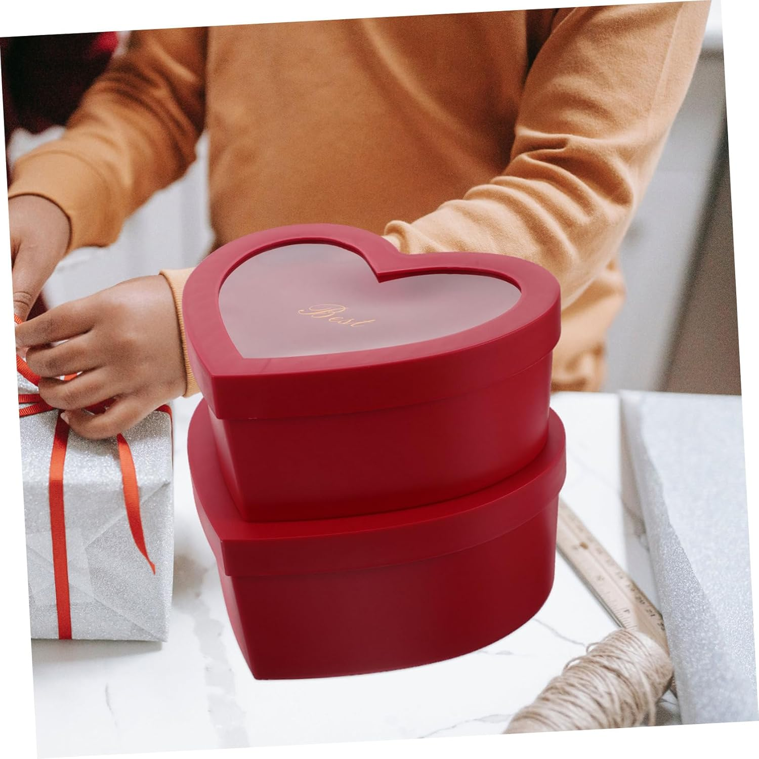 Outanaya 2Pcs Heart Shaped DIY Present Box with Lid Red Floral Arrangements Box with Transparent Window for Valentine Day Jewelry Storage and Creative Decor image number 2