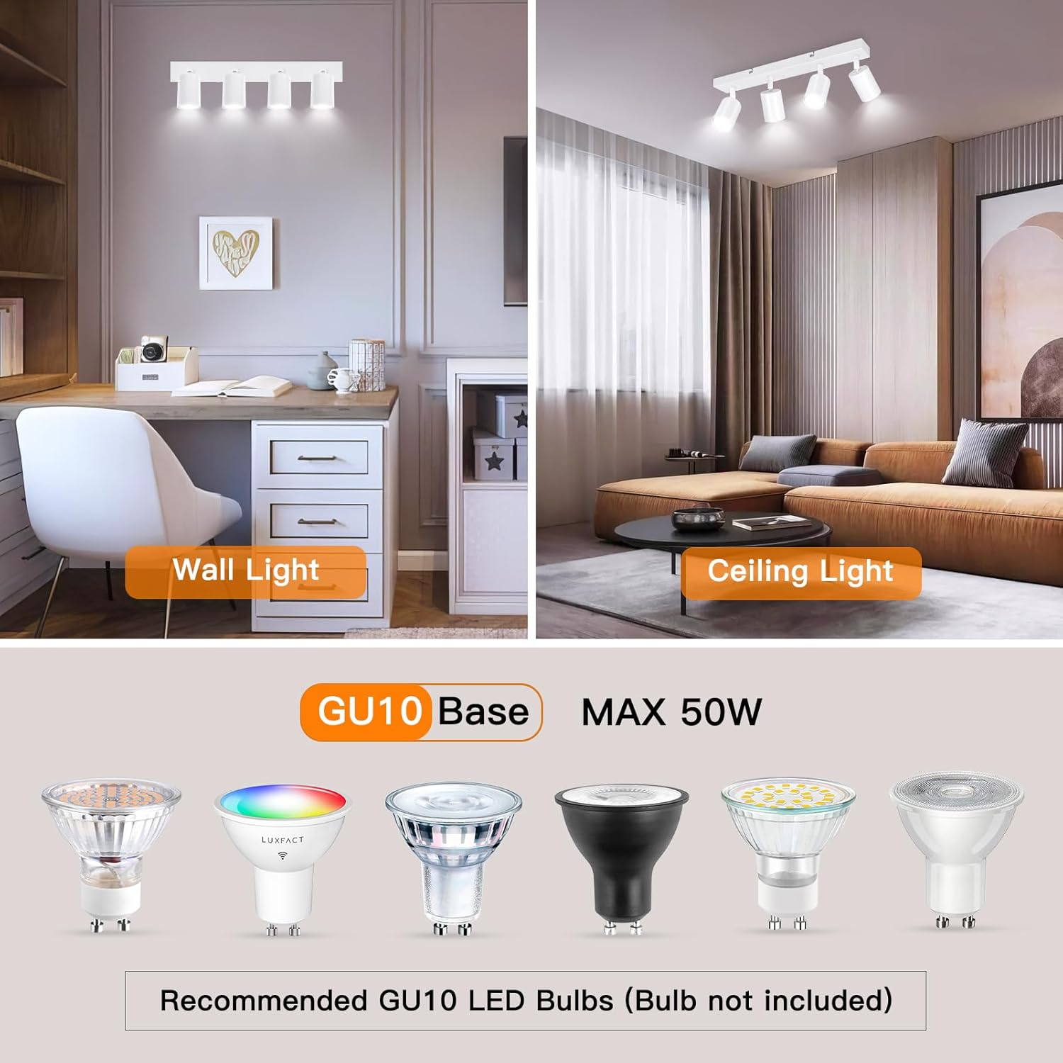 Ketom Adjustable 4 Way Ceiling Spotlight Fitting - GU10 LED Ceiling Light Rotatable - Indoor Spotlights Ceiling Lights - Modern White Metal Ceiling Spotlight - GU10 Bulb Base - Bulb Not Included image number 3