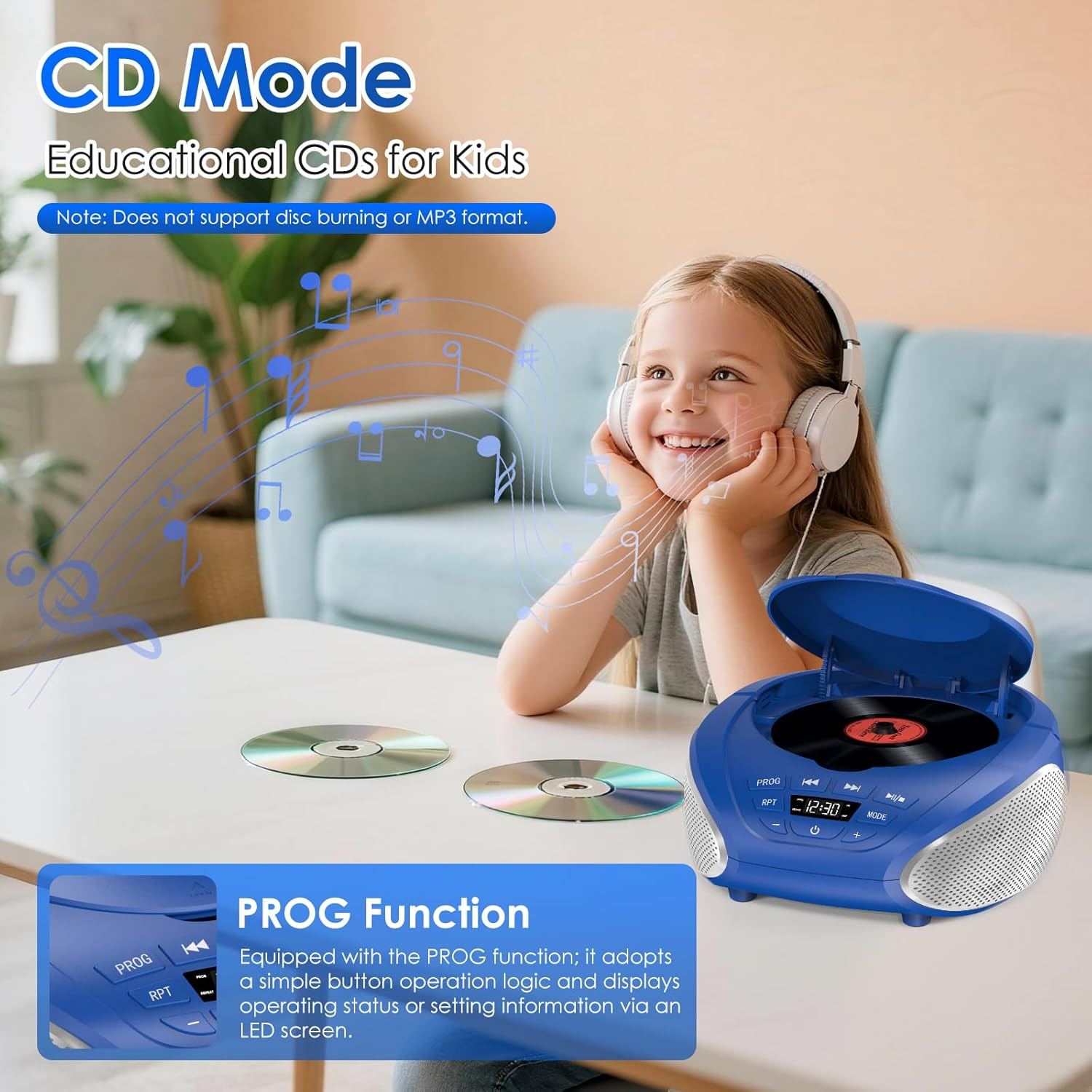 Gueray CD Player Boombox Stereo Sound Speaker with Bluetooth AM/FM Radio USB MP3 Playback 3.5Mm AUX Input Headphone Jack LCD Display(Blue+Silver) - Blue+Silver image number 6