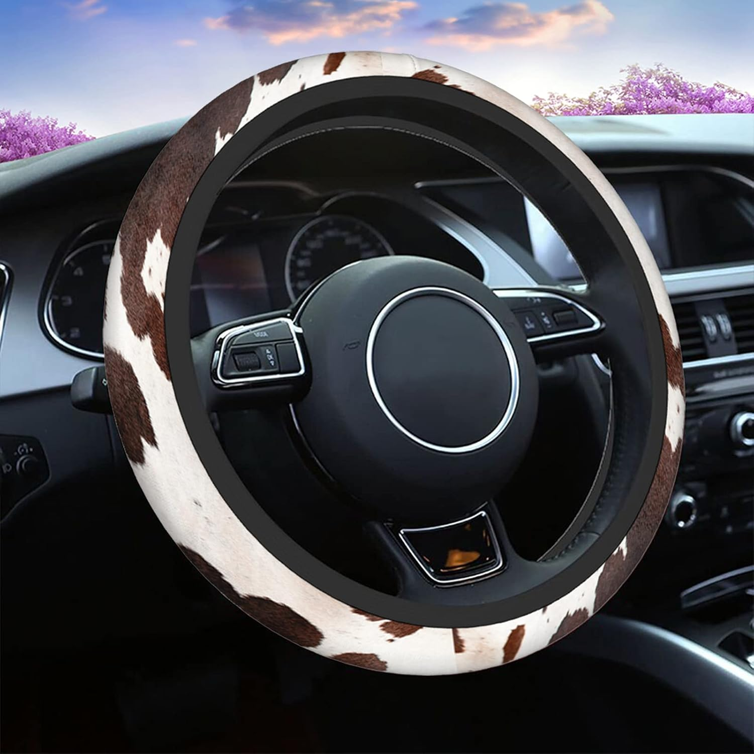 Swono Cow Skin Universal Neoprene Steering Wheel Cover Australian Cow Skin Brown 15 Inch Steering Wheel Covers, Printed Steering Wheel Elastic Protection for Women and Girls - Easter Eggs image number 4