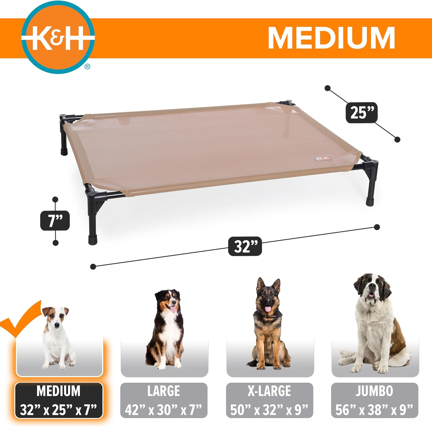 K&H Pet Products Elevated Outdoor Dog Cot Bed, Raised Cooling Bed with Washable Breathable Mesh for Medium Dogs, Portable Raised Platform Pet Bed, Heavy Duty Metal Frame Hammock Bed, Medium, Tan image number 2