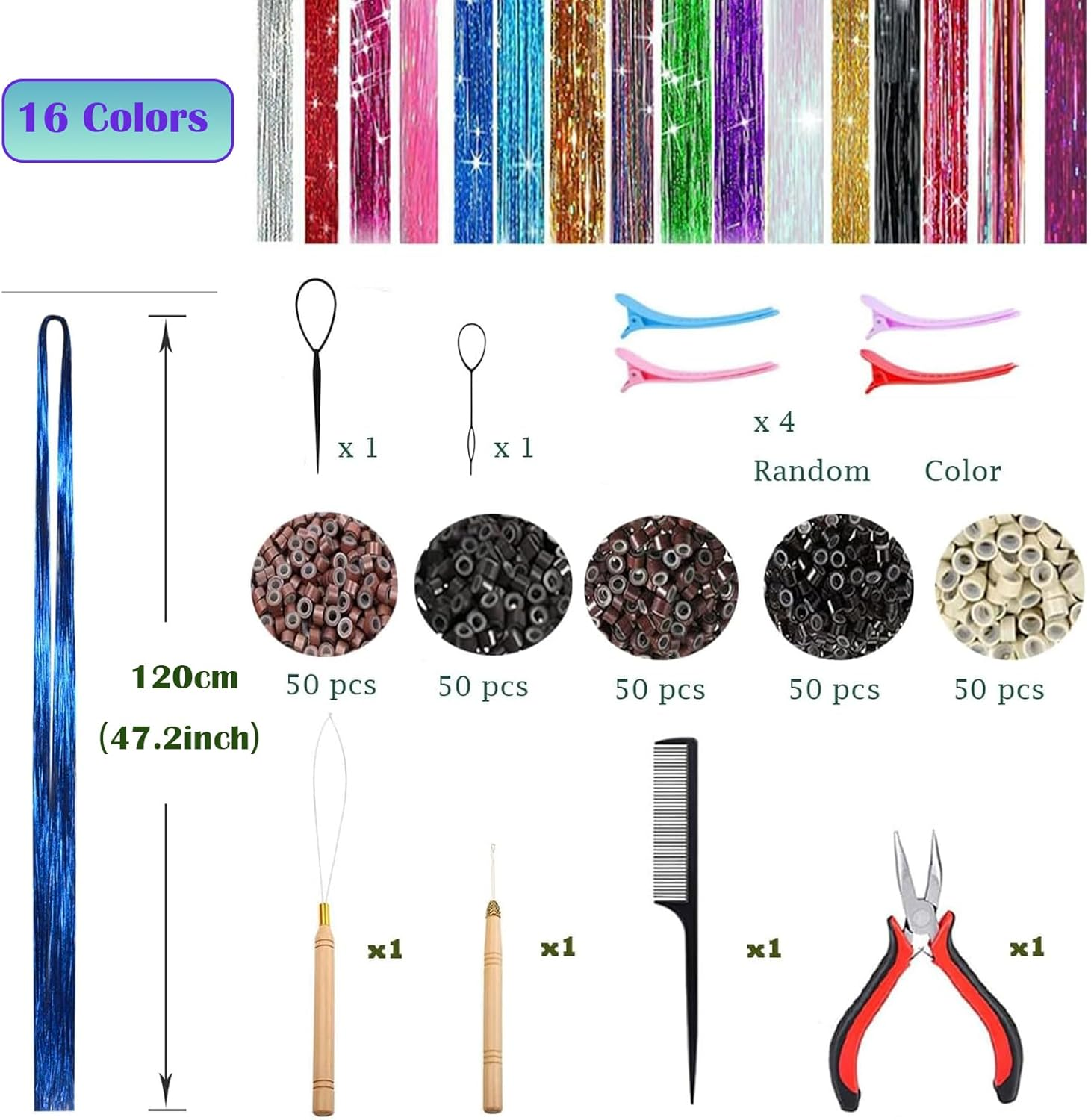3200 Strands Hair Tinsel Kit,Fairy Hair Tinsel Tool for Shiny Hair Extension,Heat Resistant Fairy Tinsel Hair Kit for Women Girls Cosplay Party Festival Hair Accessories(48 Inch, 16 Colors)