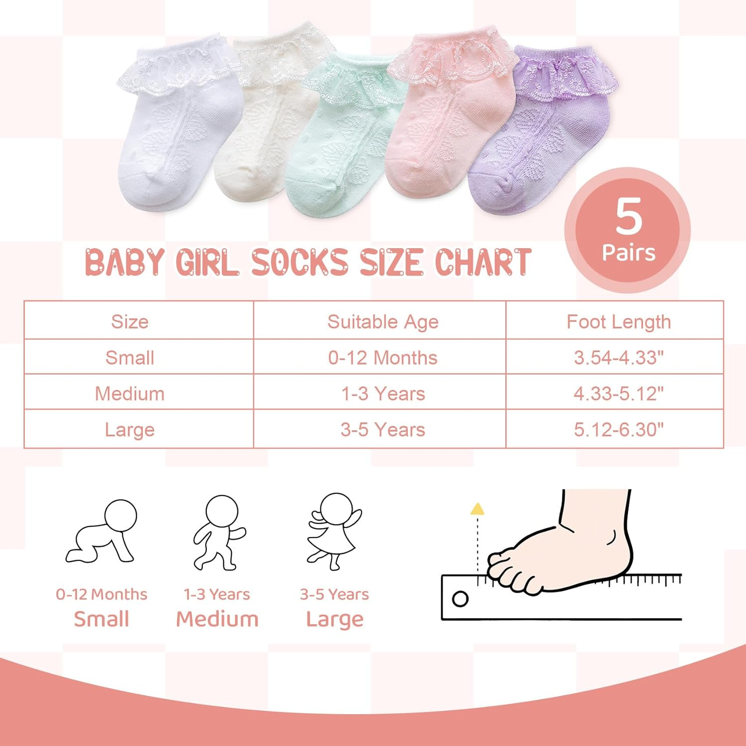 Durio Baby Socks Girls Ruffle Socks Soft Toddler Girl Socks Cute Frilly Dress Lace Socks for Toddler Girls image number 6