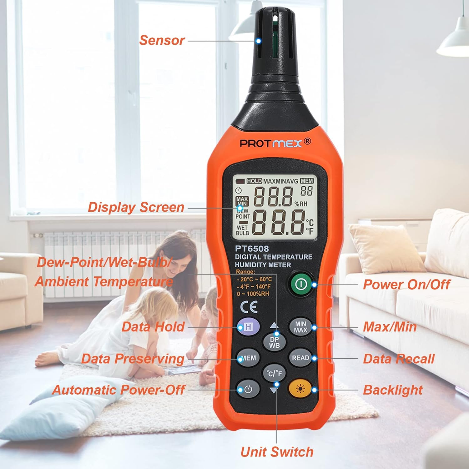 MS6508 Digital Humidity and Temperature Meter Three Types of Temperature Ambient Temperature Dew-Point Temperature Wet Bulb Temperature Min/Max Data Hold and Store LCD Backlight Monitor Thermometer image number 3