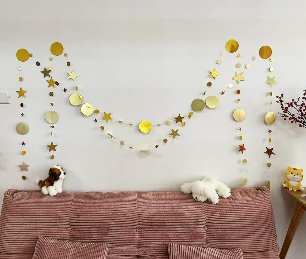 （48Pcs 156Inch） * 3 String Twinkle Little Star Party Garlands Glitter Hanging Moon Stars Decorations Banner Backdrop Decor for Ramadan Wedding Xmas Birthday EID Graduation (Gold)