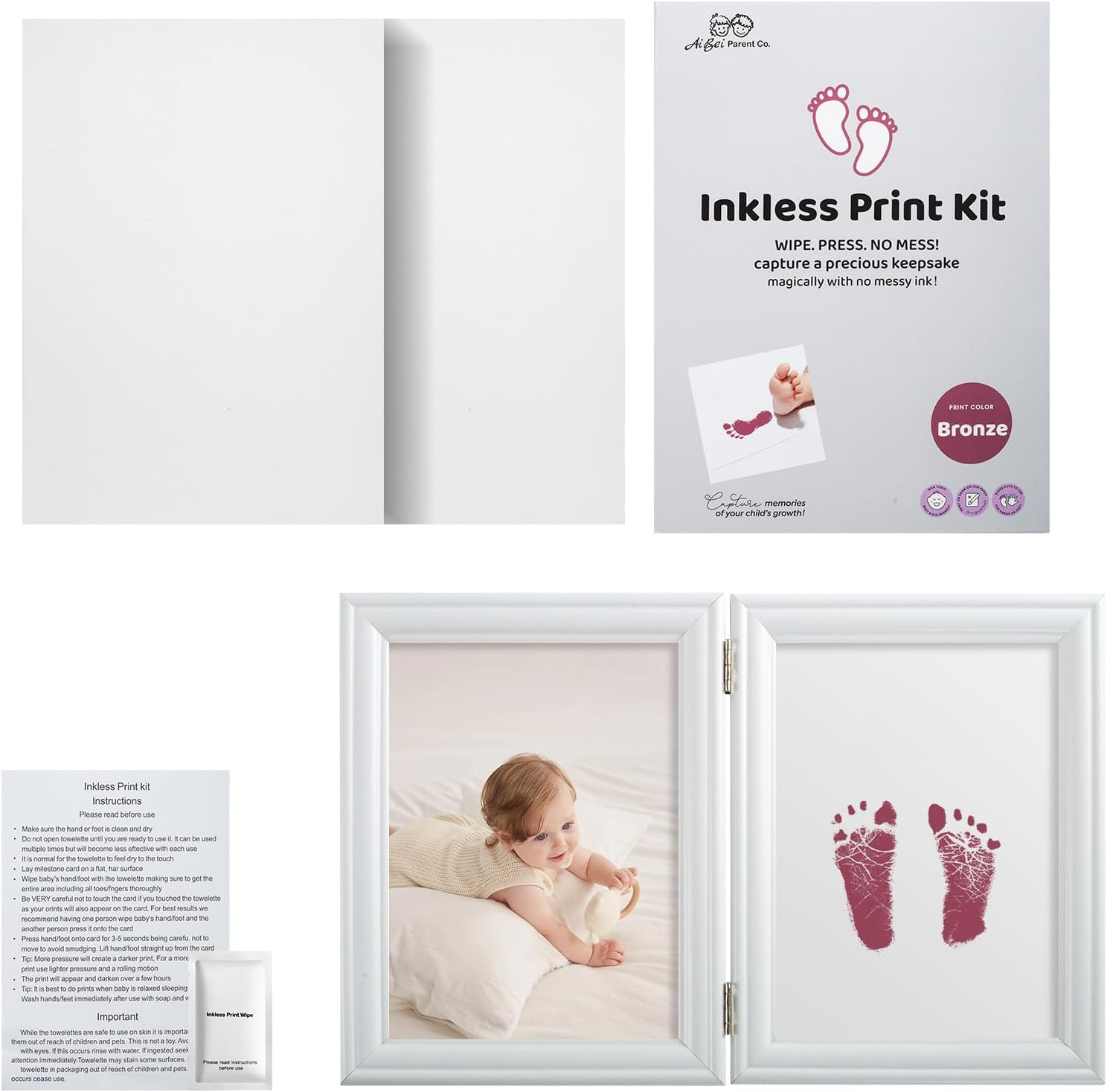 3 PCS Inkless Baby Print Baby Ink Hand and Footprint Kit, Handprint Picture Frame for Newborns Safe Clean Touch Ink Pad for Prints, Best New Mom and Shower Gift, Foot Impression Photo Keepsake for Girls & Boys (Blue)