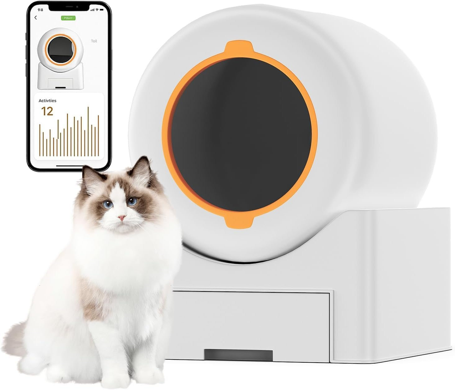PANTREE Self Cleaning Cat Litter Box, 65L Large Automatic Smart Litter Box for Multiple Cats, App Control & Safety Sensors, Odor-Free Electric Kitty Toilet with Mat & Waste Liners (White)