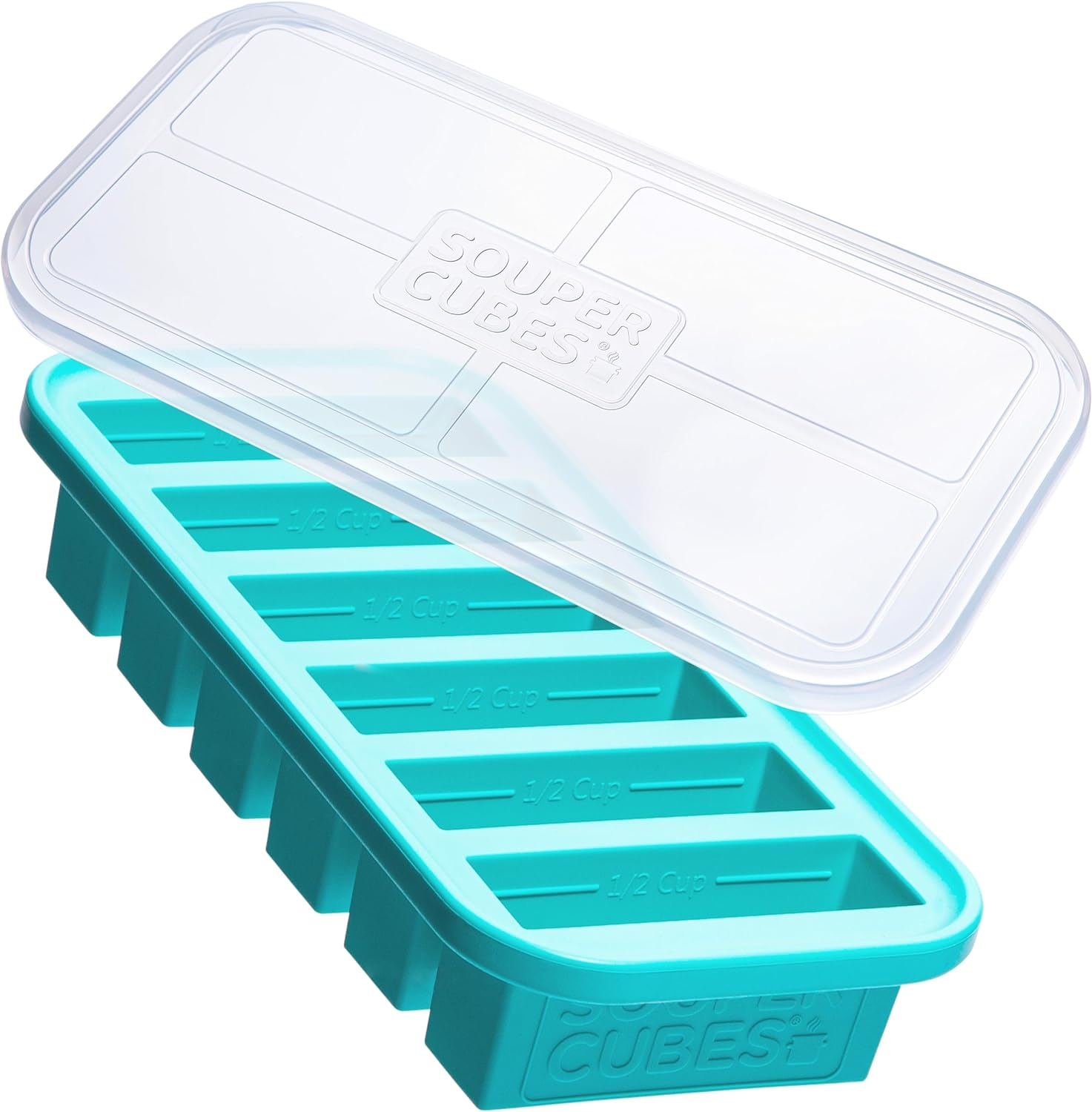 Souper Cubes 1/2 Cup Silicone Freezer Tray with Lid - Easy Meal Prep Container and Kitchen Storage Solution - Silicone Mold for Soup and Food Storage - Aqua &ndash; 1-Pack