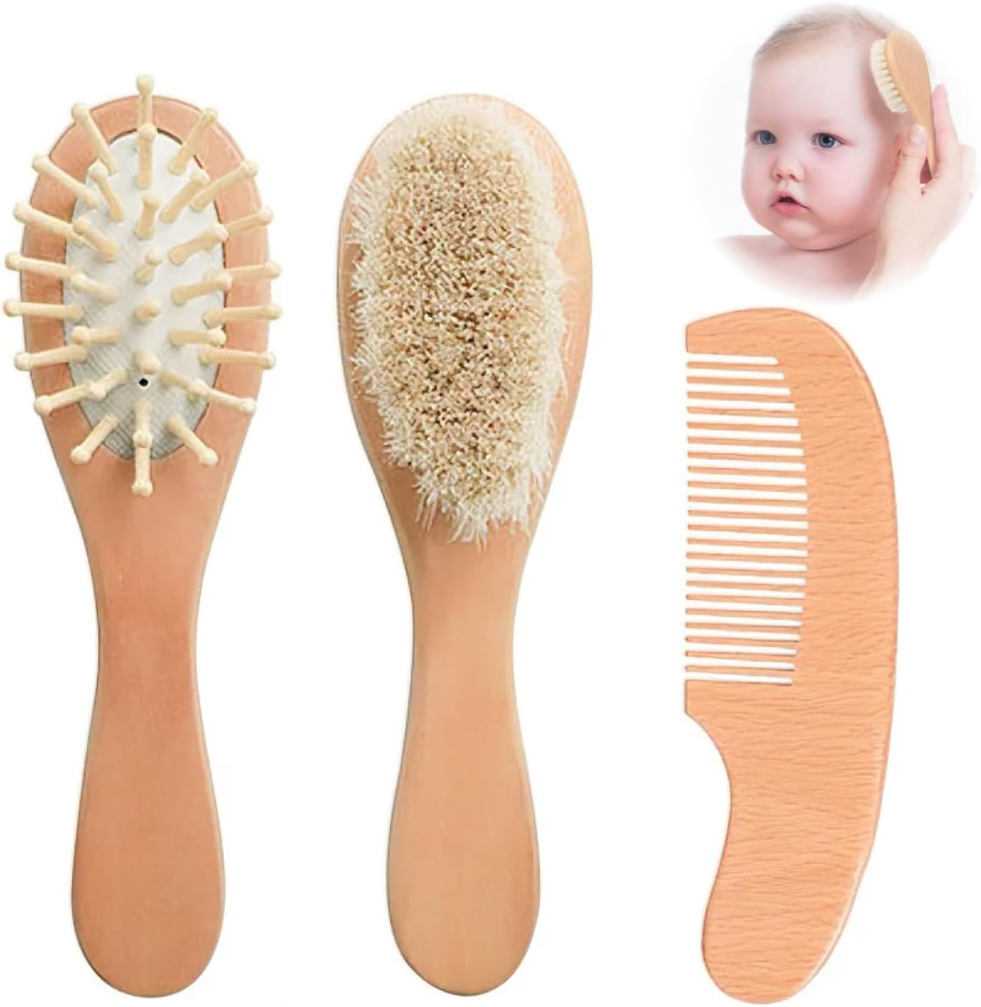 Premium Brush and Baby Comb Set for Newborns and Toddlers Natural Goat Hair Brushes Combs Handmade with Bamboo, Beech Wood, and Pear Wood Infant Hair Care Kit image number 2