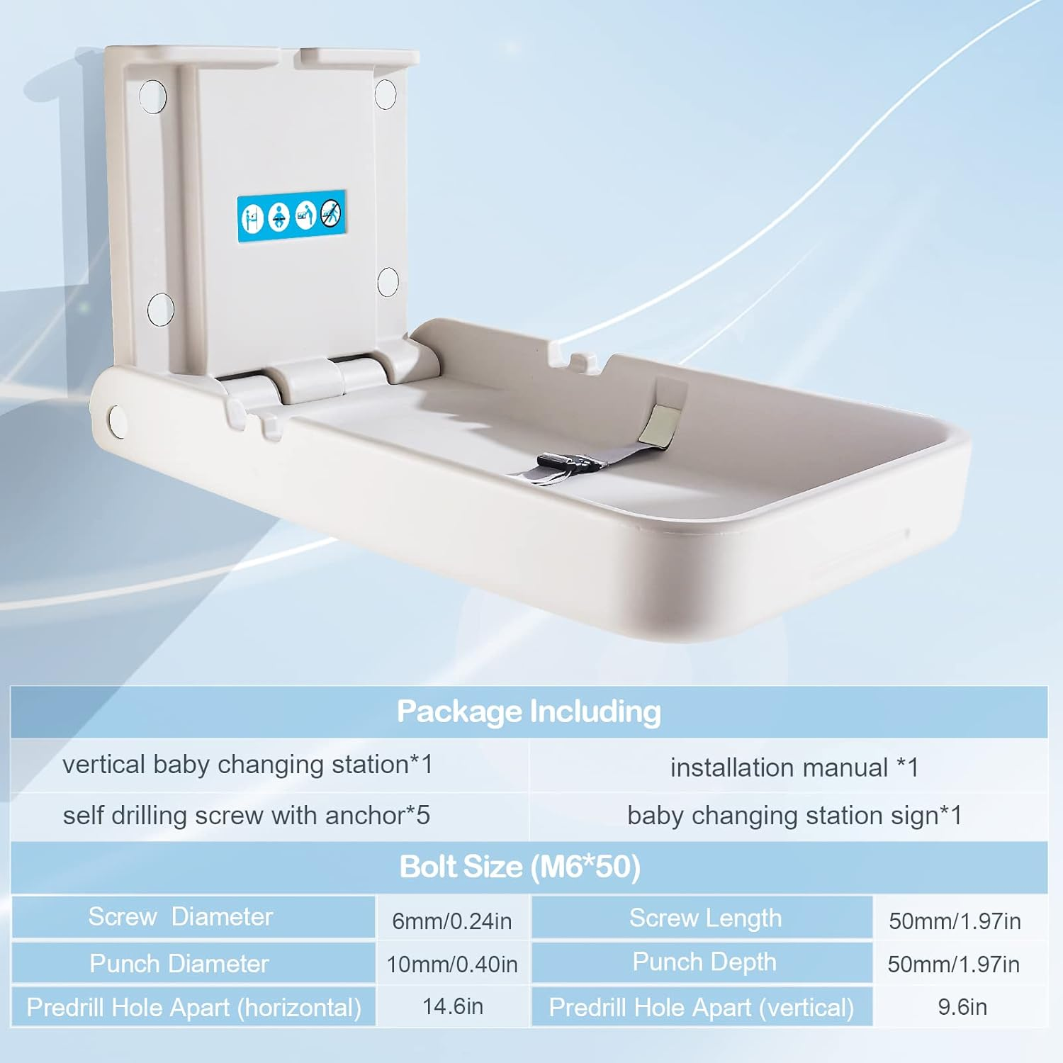 Baby Changing Tables Fold-Down Baby Changing Station Wall-Mounted Vertical Portable Diaper Table Changing Unit Commercial Bathrooms Corner Nursery White Gray - Horizontal+Wipe Case image number 7