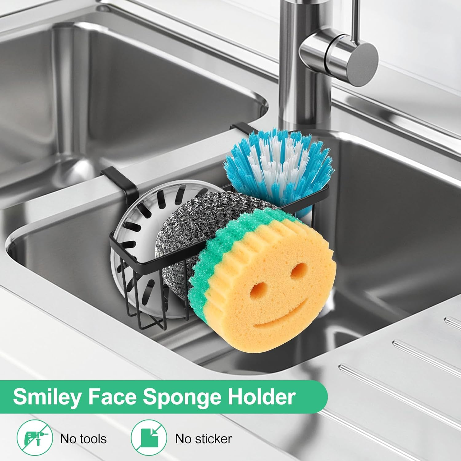 Kitchen Sponge Holder, Sink Caddy for Kitchen Sink Organizer, Smiley Face Sponge Holder for round Sponge, Dish Brush image number 6