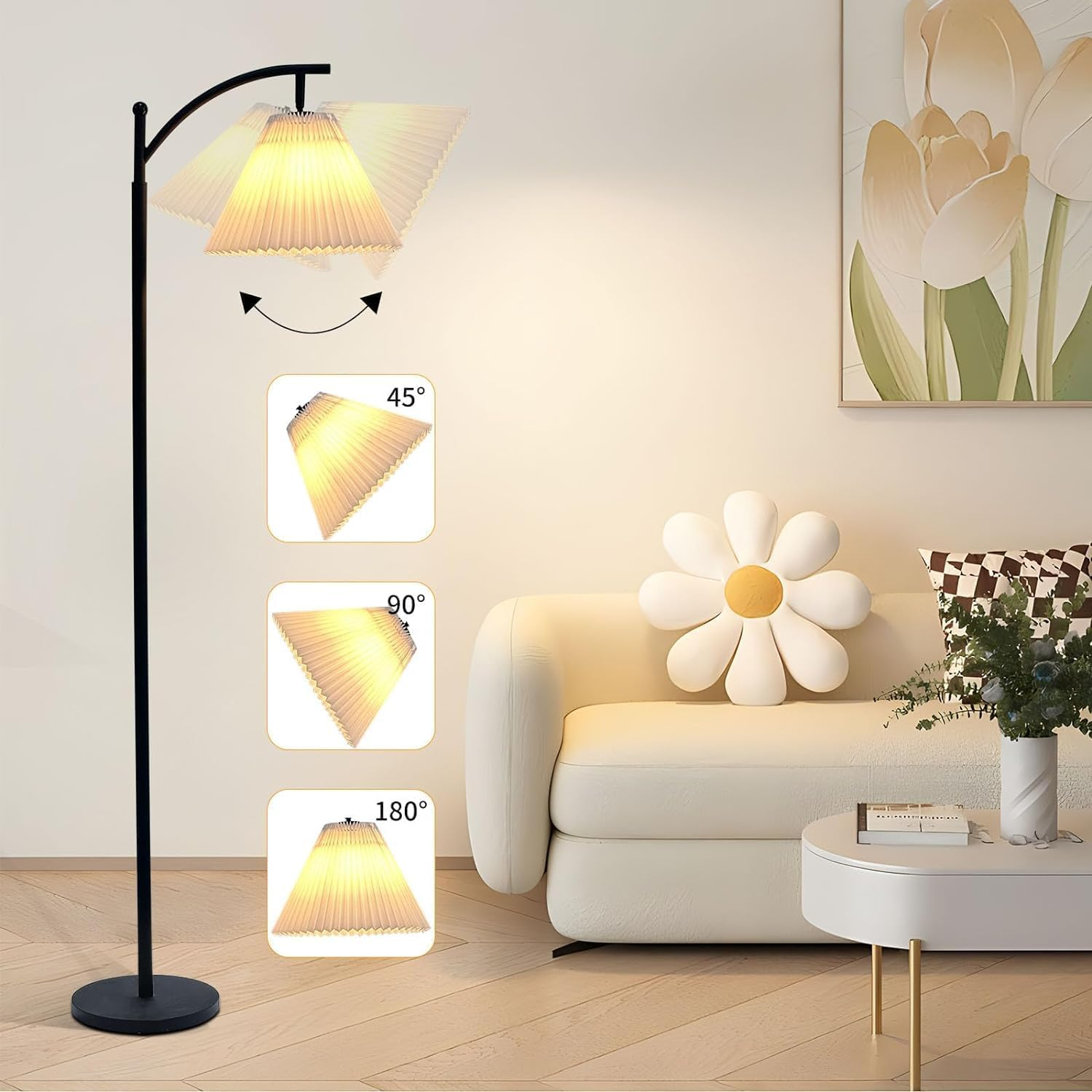 Fabric Shade Adjustable Lamp Head Modern Standing Lamp with 9W 3 Color Temperatures LED Bulb for Living Room, Reading, Office, Bedroom, Hotel