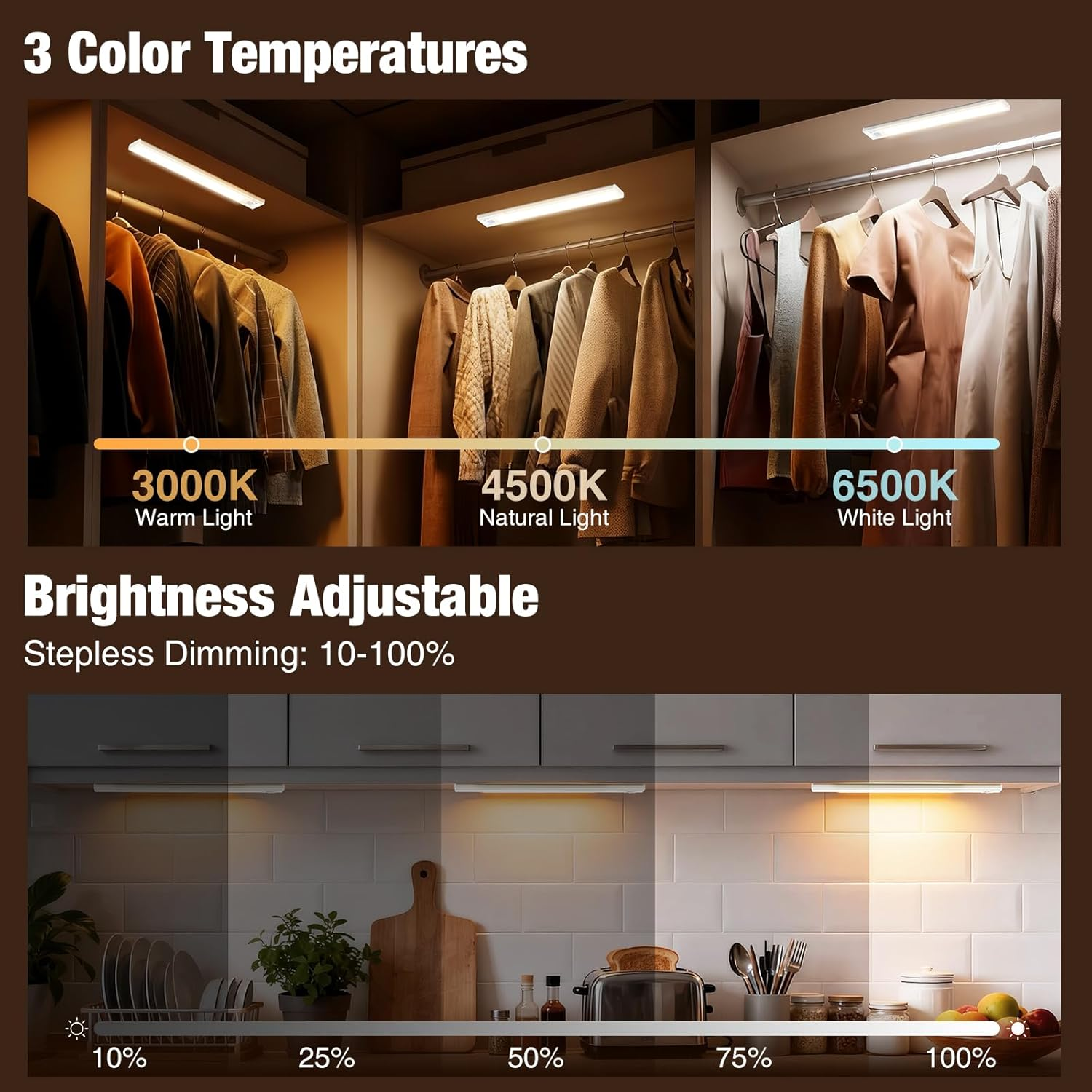 Slochi Cabinet Light with Motion Sensor, 3 Colours, 3000 K/4000 K/6500 K, Dimmable Under-Unit Light, Kitchen, Rechargeable Cabinet Lighting, 3 Modes Magnetic LED Light Strip for Cupboard, Shelves image number 1