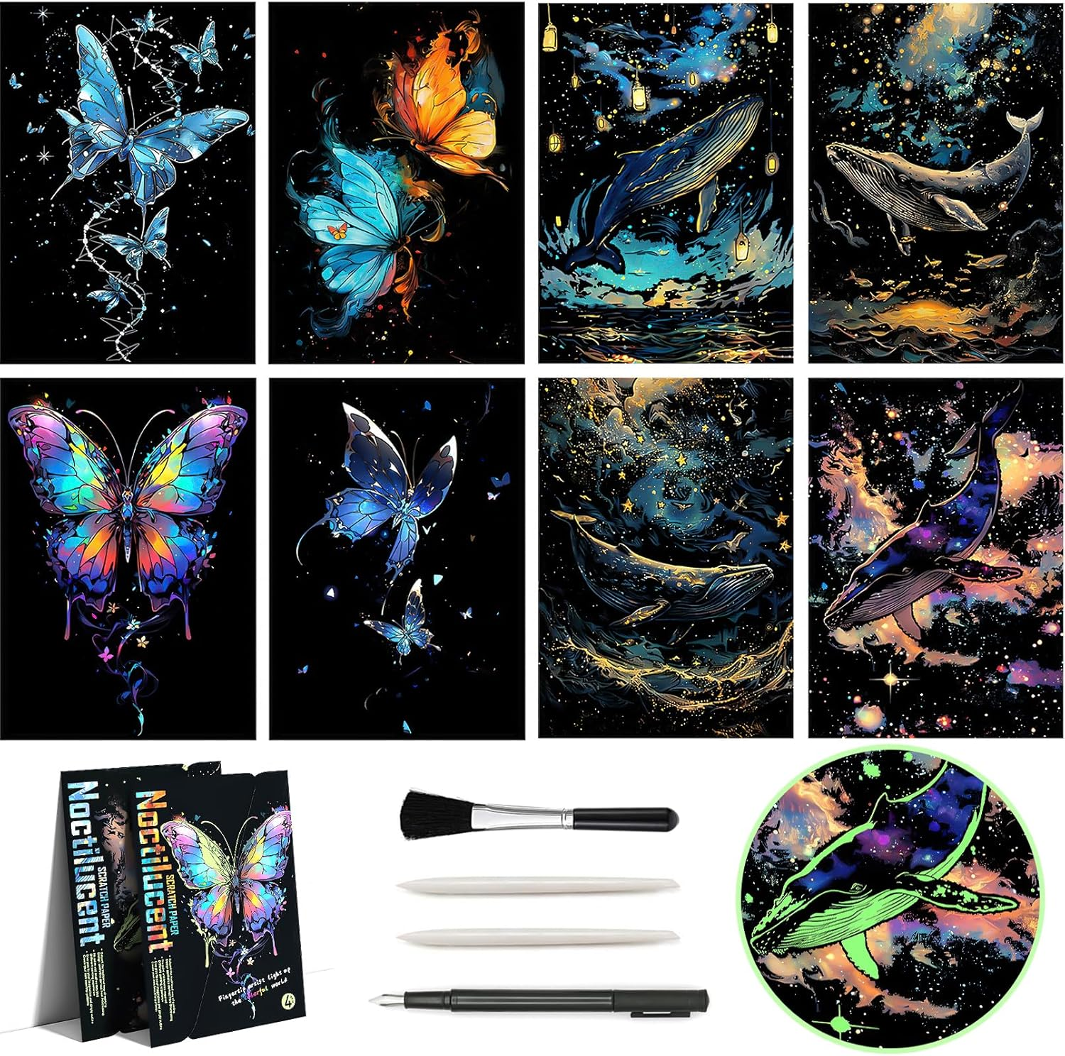 Glow in the Dark Scratch Art Rainbow Painting Paper 8 Sheet with Pen / Cleaning Brush, Engraving Landscape Scratchboard(A4) for Kids Teens & Adults, Fun Sketch Card Creative Craft Toy (Animal) image number 6