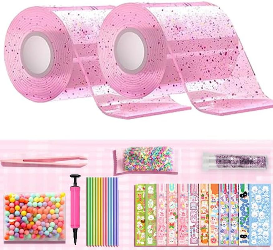 Nano Bubble Tape Kit,2 Roll Nano Tape Bubble,Double Sided Tape Elastic Nano Tape Bubble DIY Craft Kit for Girls, Boys, Kids Party Favors and Novelty Toys(Pink) image number 3