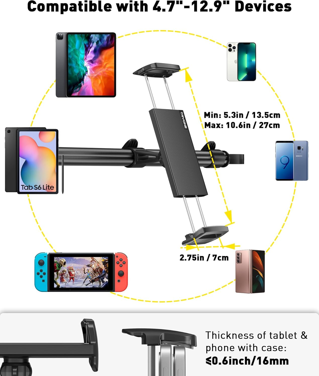 Car Tablet Holder Mount for Ipad: Tryone Headrest Tablet Stand for Car Back Seat Compatible with Ipad Pro Air Mini | Galaxy Tab | Kindle Fire HD | Switch Lite or Other 4.7-12.9" Devices