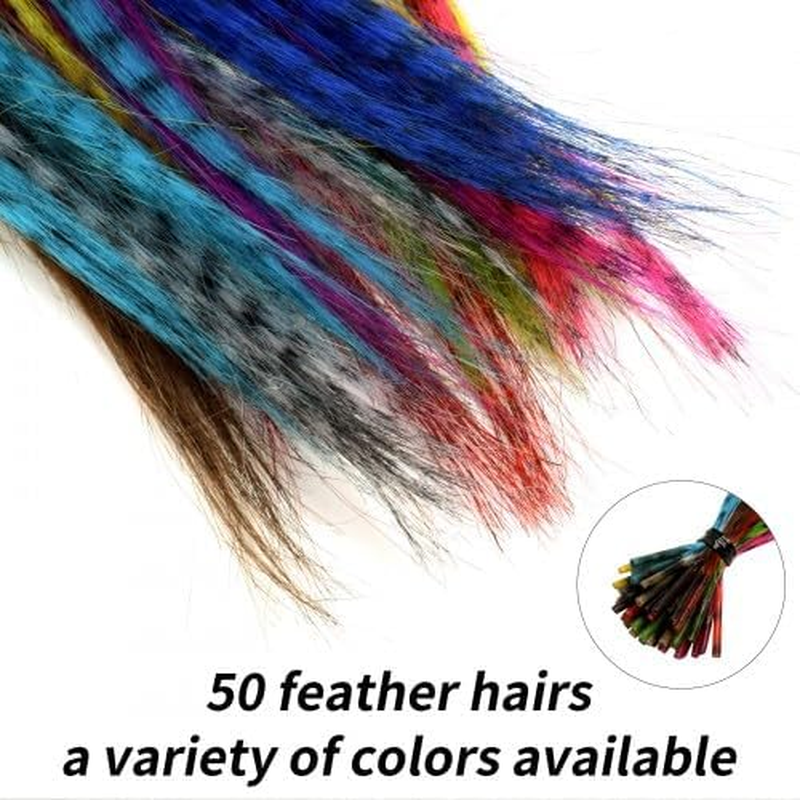 Pack of 50 Feather Hair Extensions Set, Colourful Faux Feather Hair Extensions, Coloured Hair Extensions Clips, Synthetic Hair Strands Extensions Highlights with 100 Silicone Ring, Pliers and Crochet