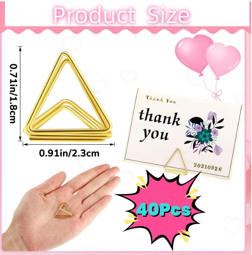 40Pcs Mini Place Card Holders, Triangle Shape Table Number Holder, Wedding Table Mini Name Card Holder, Memo Clip Photo Stands with Cards for Birthday Shower Office Home Decor(Gold) image number 1