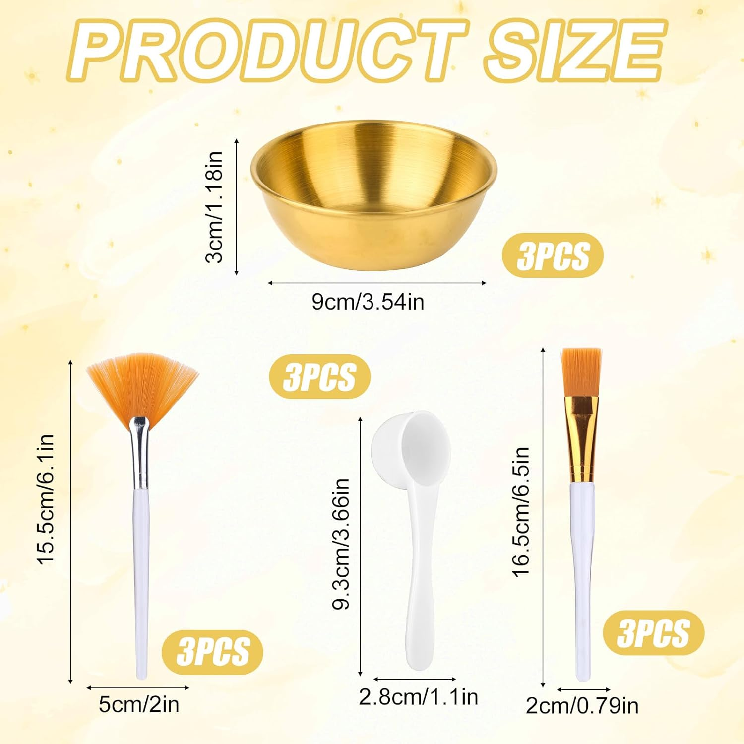 12Pcs Esthetician Supplies for Facials Set, Including 3 Facial Bowls, 3 Fan Brushes, 3 Brushes & 3 Scoop for Women Cosmetic Mask Mixing Set Make up Tool (Gold) image number 4