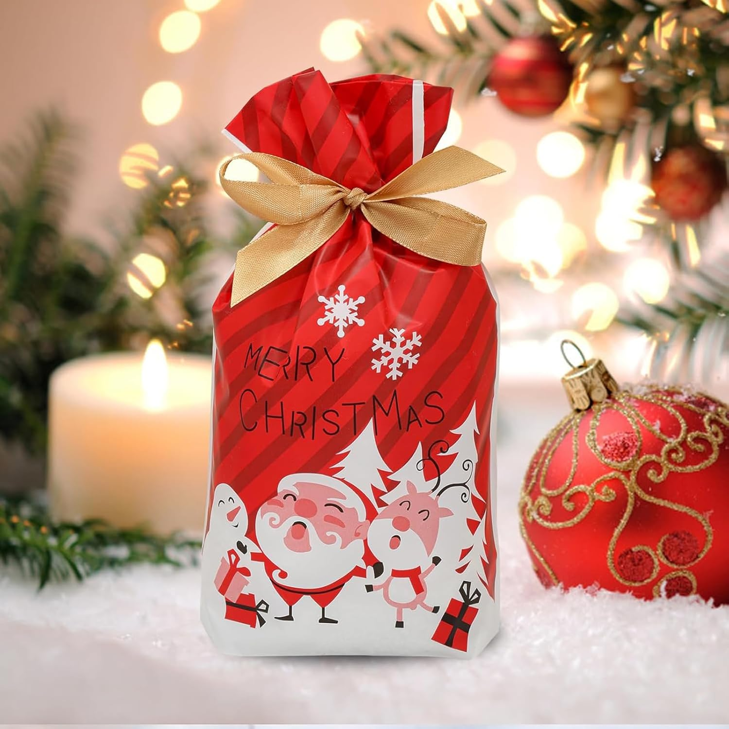 YQQZQ 50 Pcs Christmas Treat Bags,6X9 Inch 5 Assorted Classical Christmas Theme Drawstring Holiday Goodie Bags for Party Favor, Stand up Xmas Candy Bag image number 4