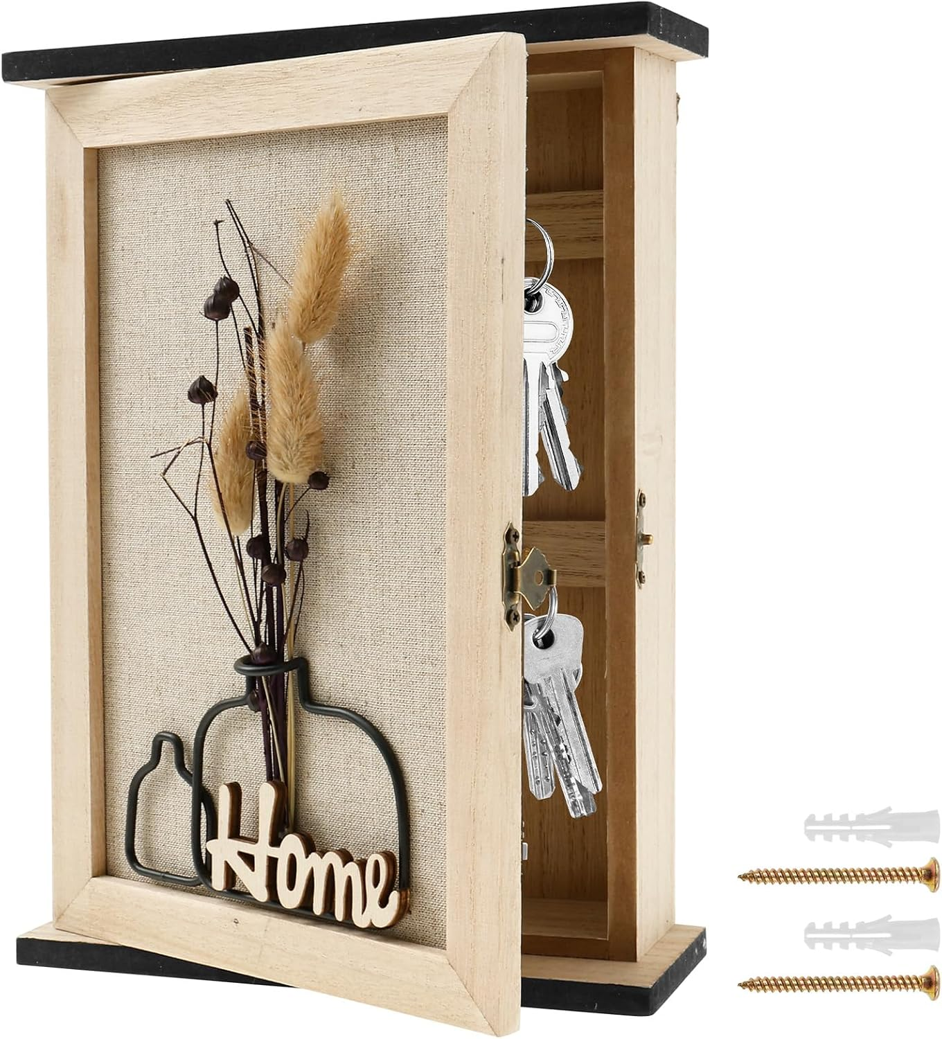 Wooden Key Box, Key Holder Wall Mount Decorative Wooden Key Cabinet Holder with 6 Hooks Rustic Access Card Hanger Organizer for Home Entryway Hallway (Beige A)