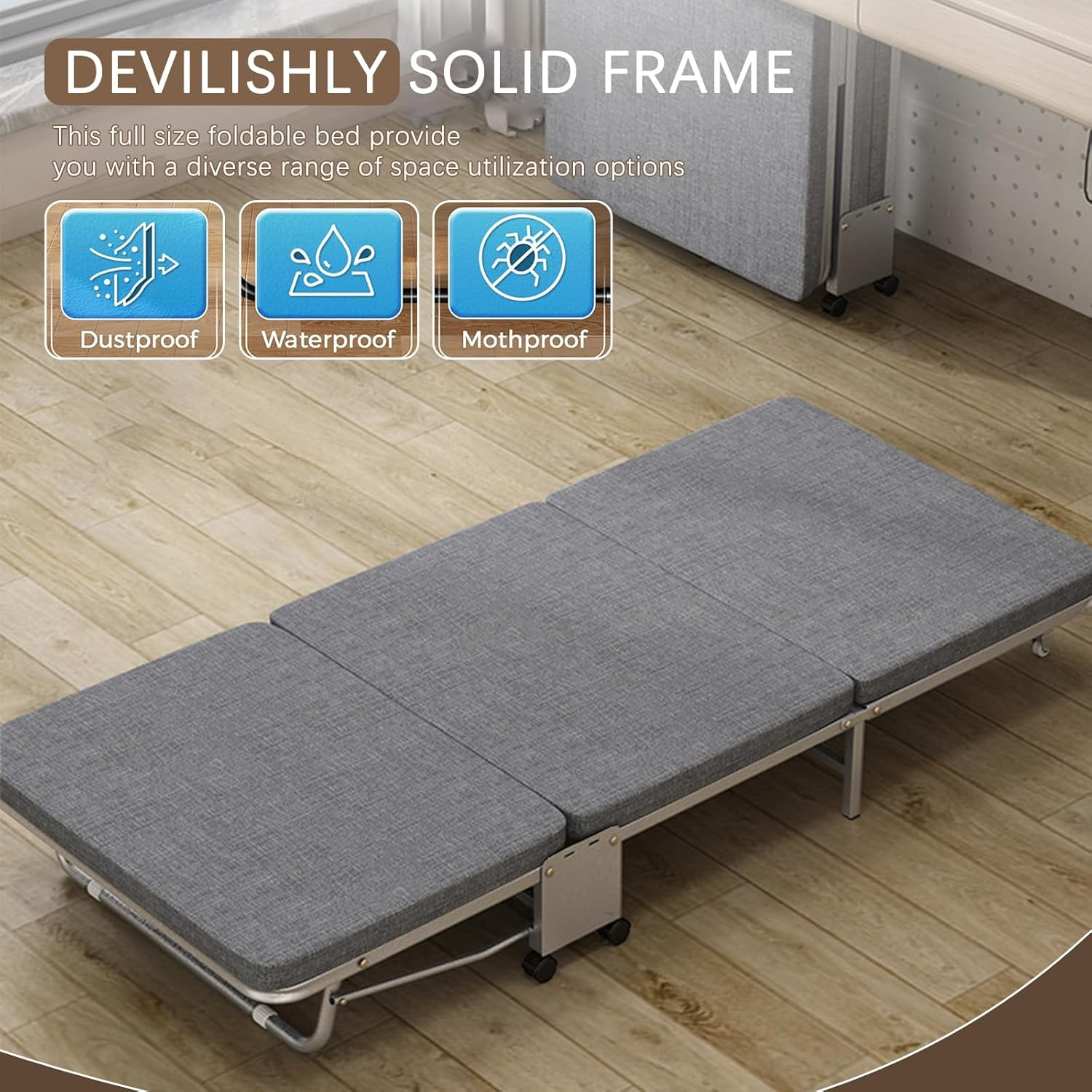 LIODUX 3-Folding Bed with Mattress, Office Portable Foldable Bed, Roll Away Beds Guest Bed on Wheels, with Memory Foam Mattress & Reinforced Frame, Space Saving Office Bed (100 X 180CM) image number 1