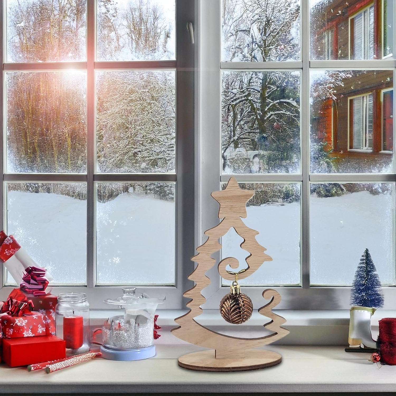 Wooden Decorations, Tree Ornaments Rustic Tabletop Decor, Tiny Christmas Ornaments, Christmas Tree Standing Wooden Christmas Tree for Christmas Decoration Tabletop Decors image number 3